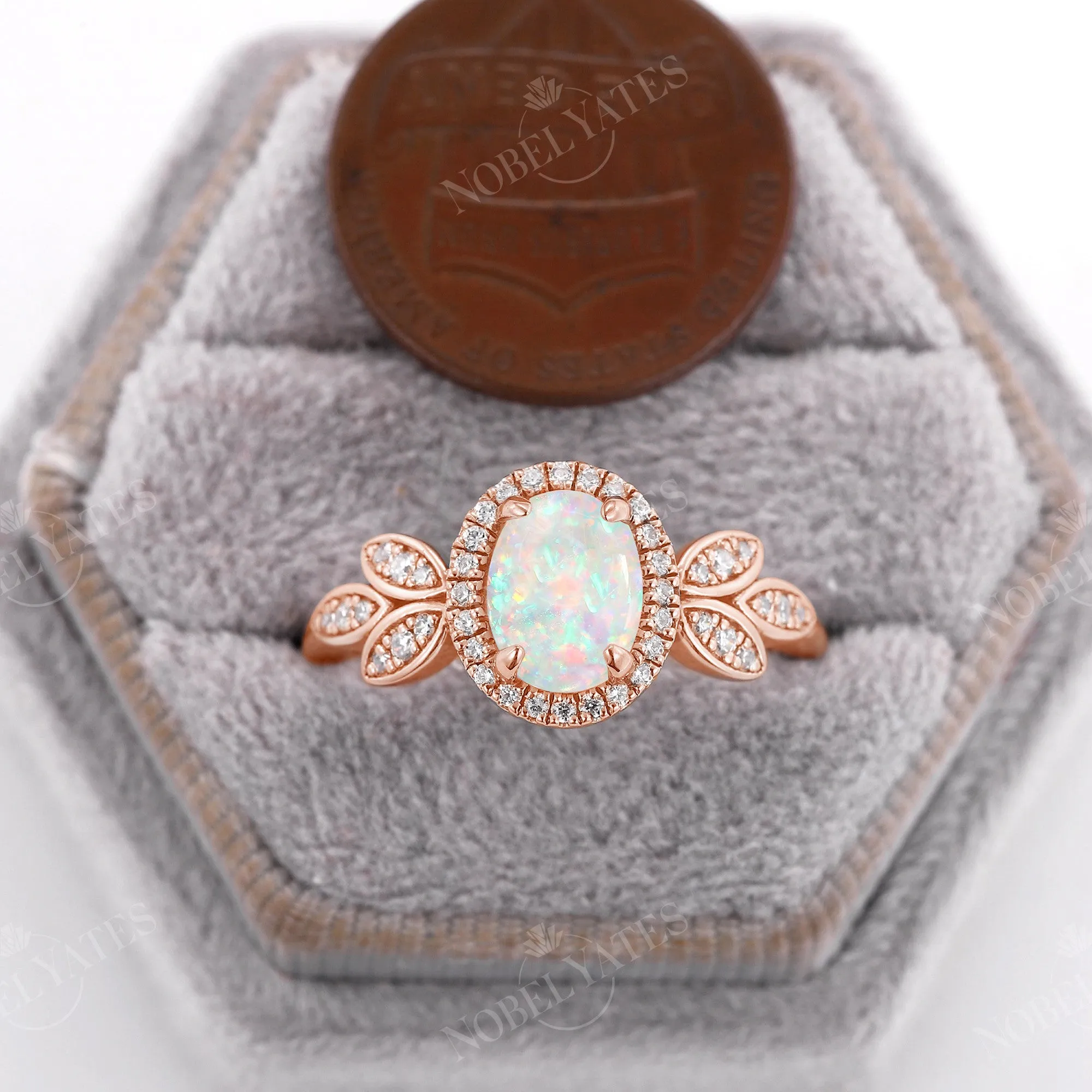 Nature inspired Oval Opal Halo Engagement Ring Rose Gold