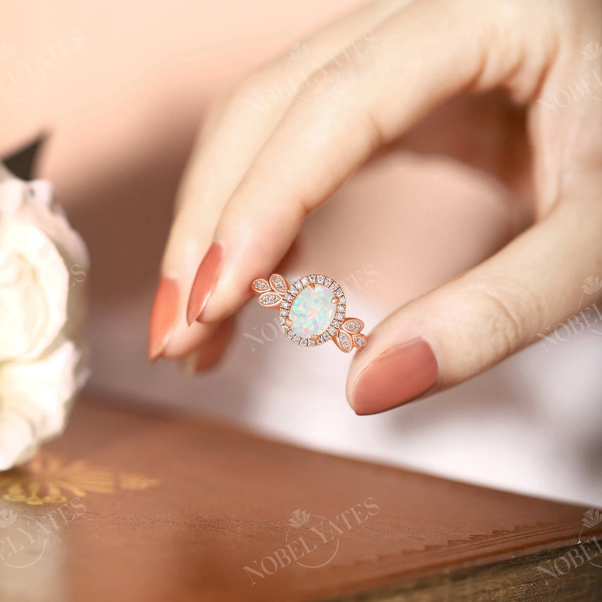 Nature inspired Oval Opal Halo Engagement Ring Rose Gold