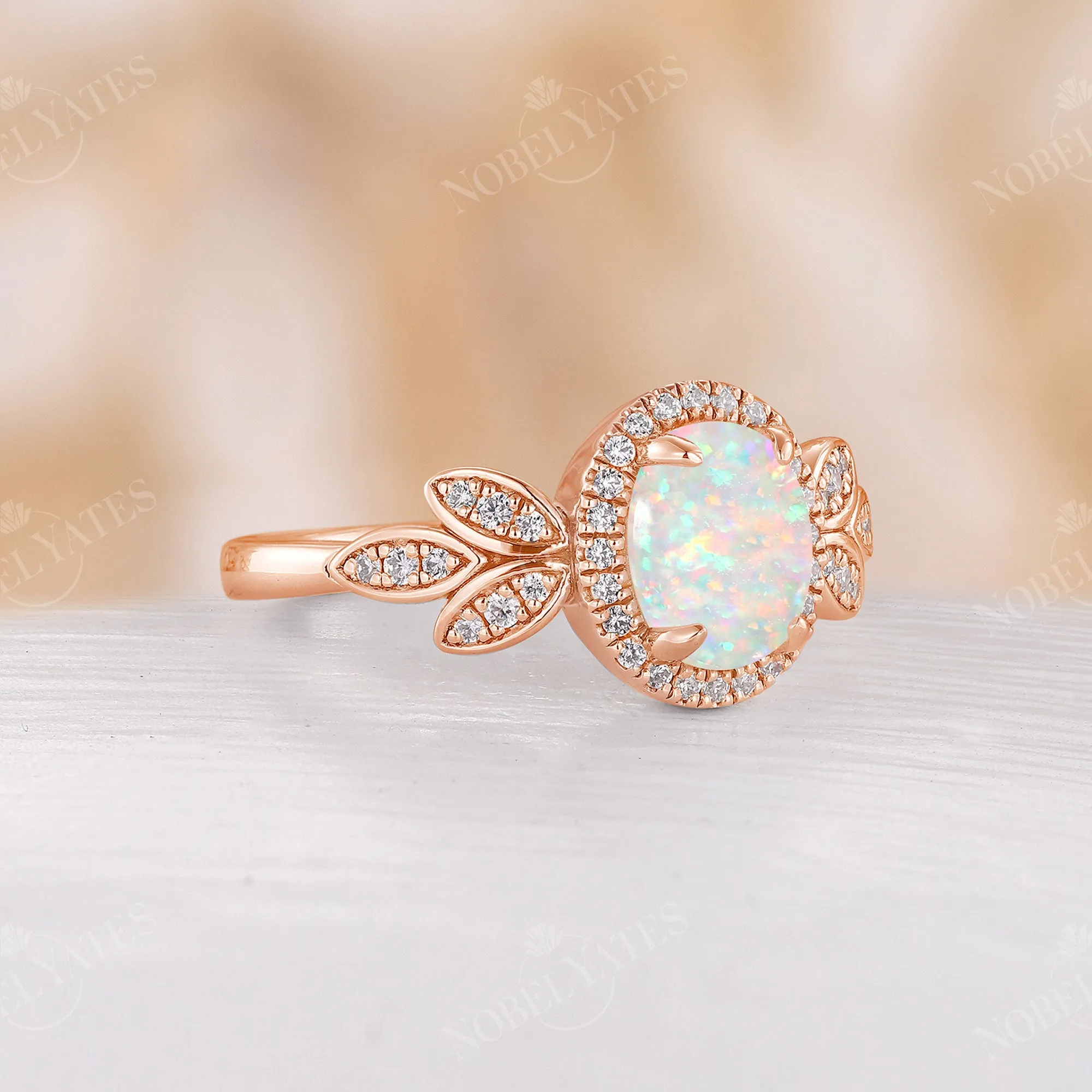 Nature inspired Oval Opal Halo Engagement Ring Rose Gold