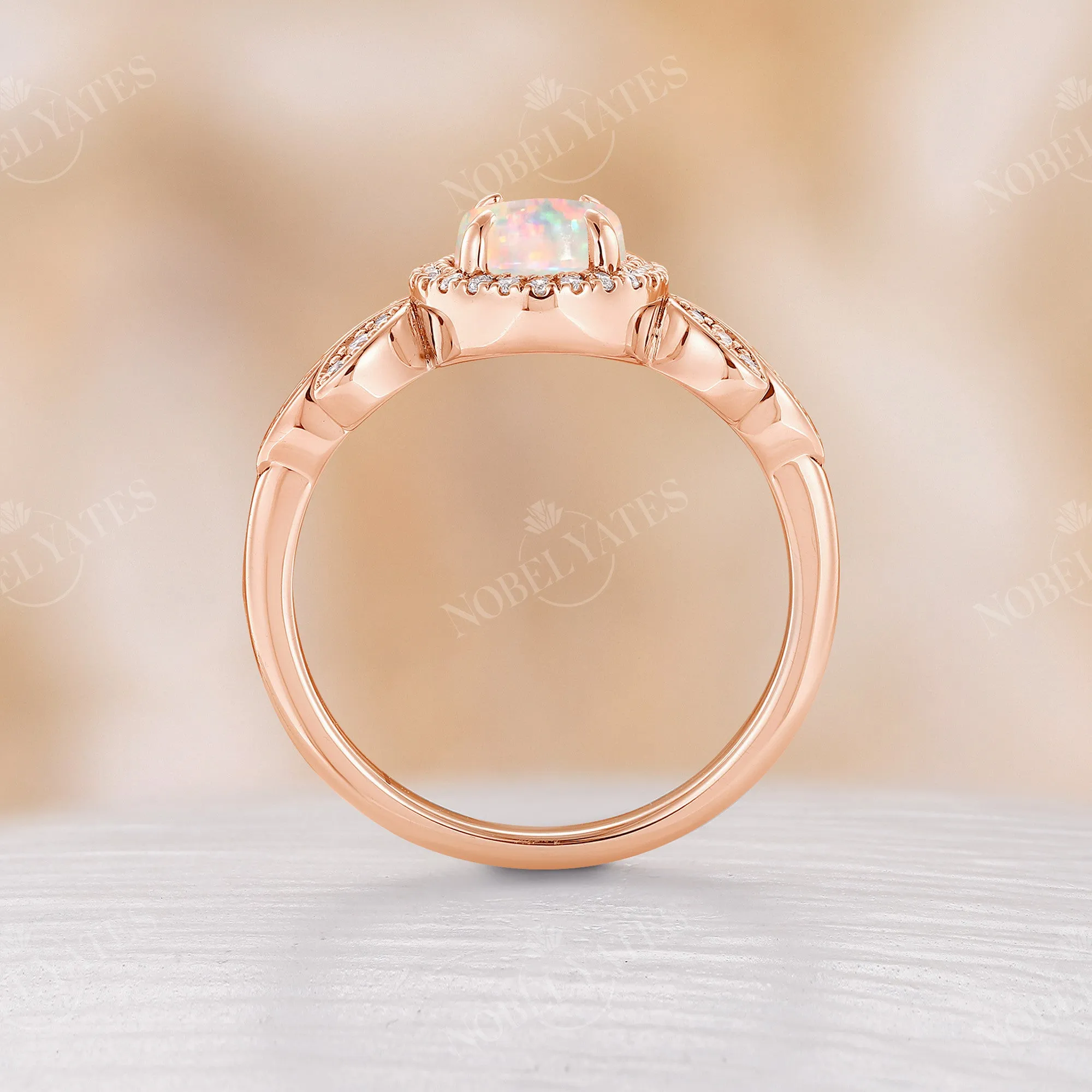 Nature inspired Oval Opal Halo Engagement Ring Rose Gold