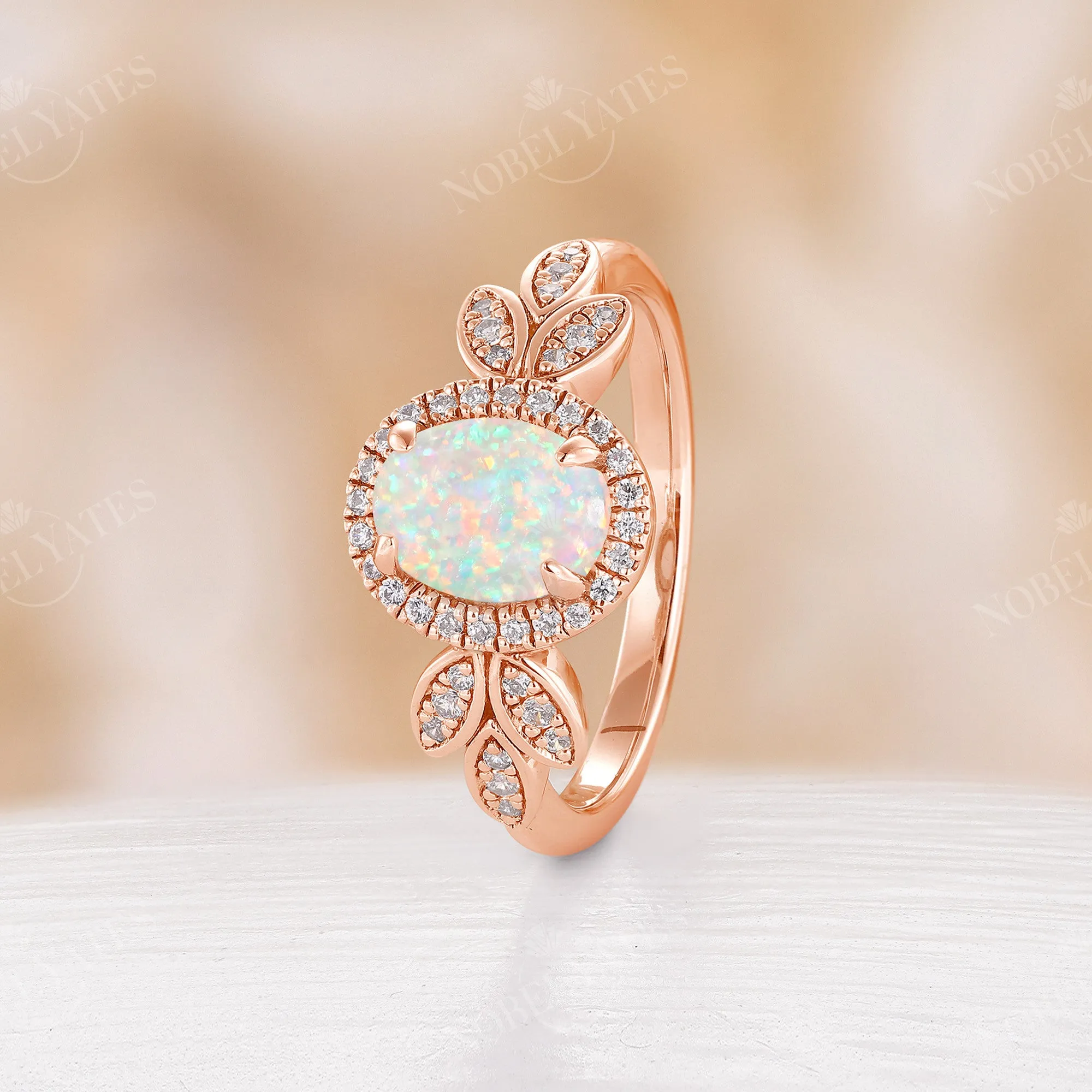 Nature inspired Oval Opal Halo Engagement Ring Rose Gold