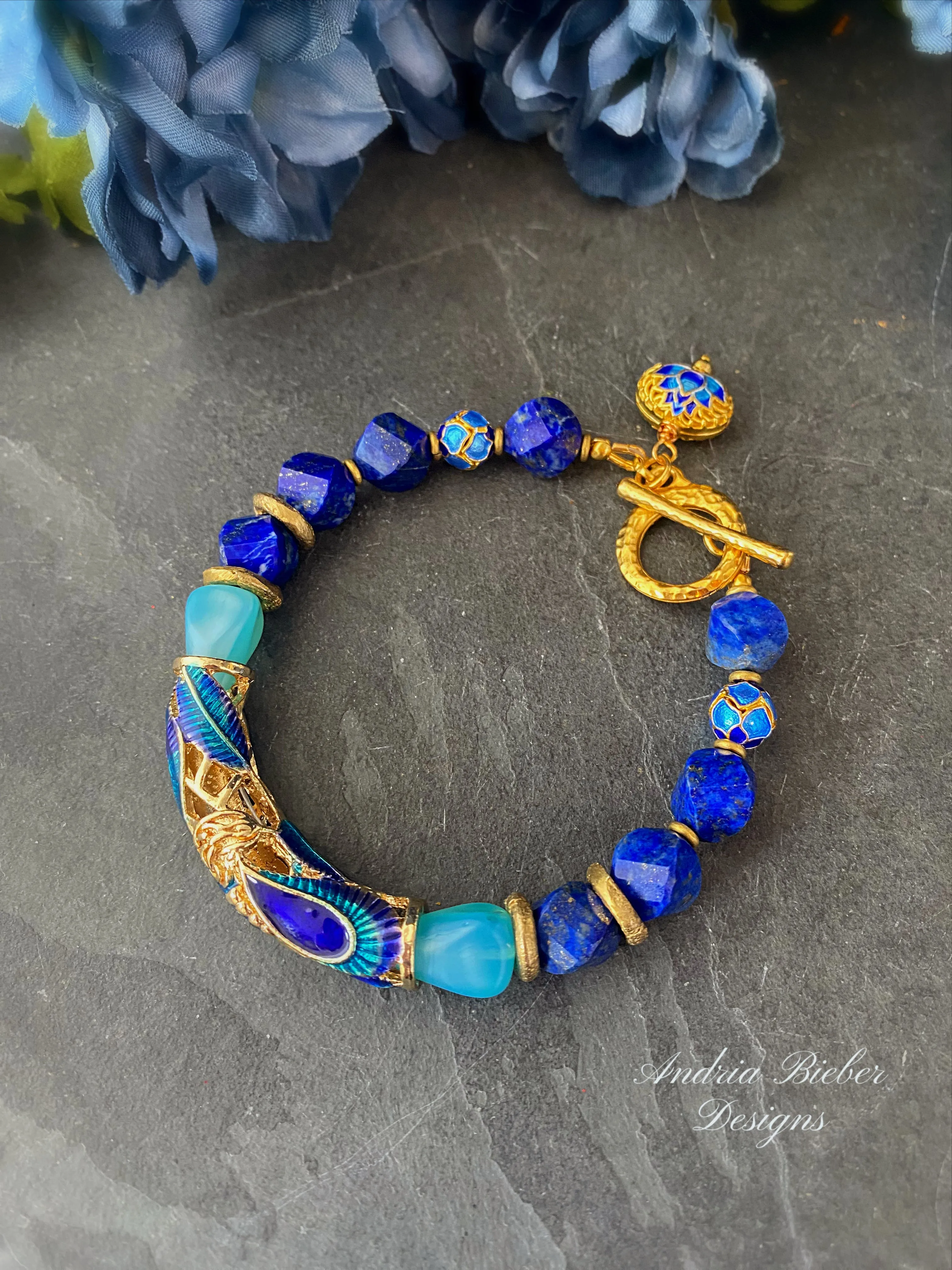 Peacock bracelet. Lapis lazuli stone, cloisonné cuff, czech glass, bracelet, KIT