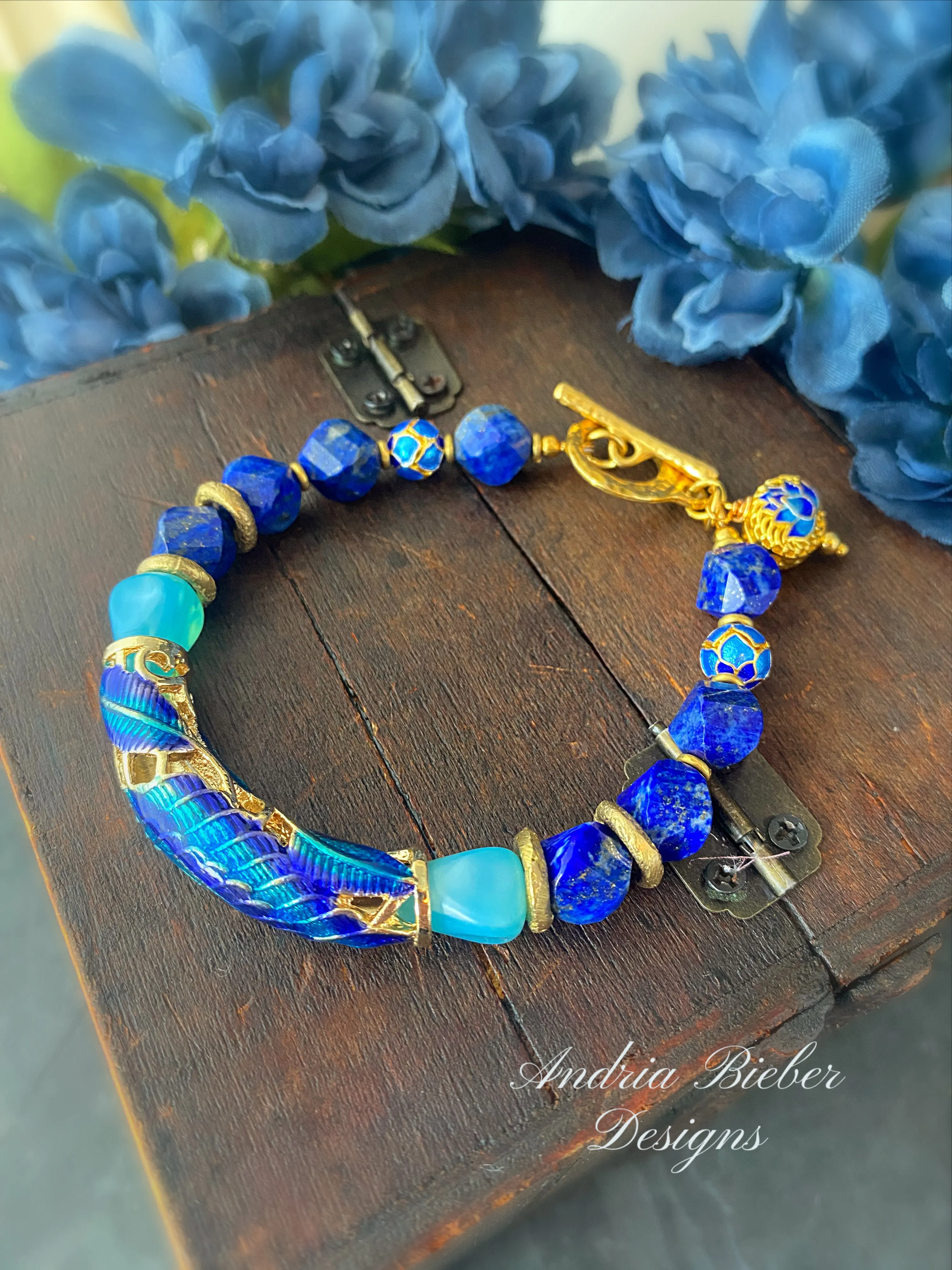 Peacock bracelet. Lapis lazuli stone,  enamel cuff, czech glass, bracelet, jewelry