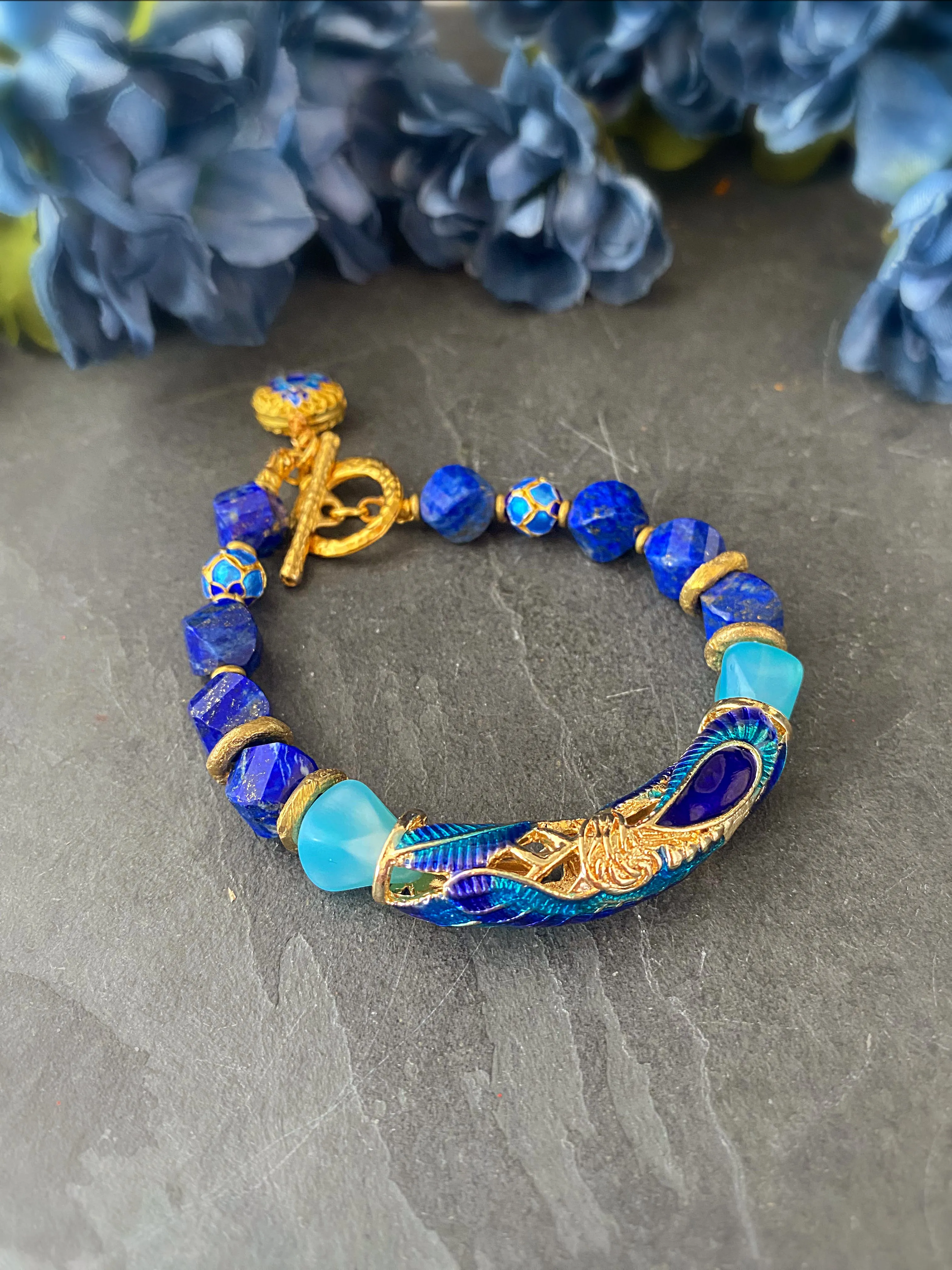 Peacock bracelet. Lapis lazuli stone,  enamel cuff, czech glass, bracelet, jewelry