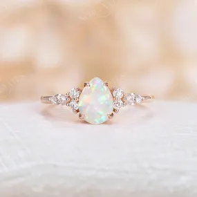 Pear White Opal Side Stone Engagement Ring Rose Gold