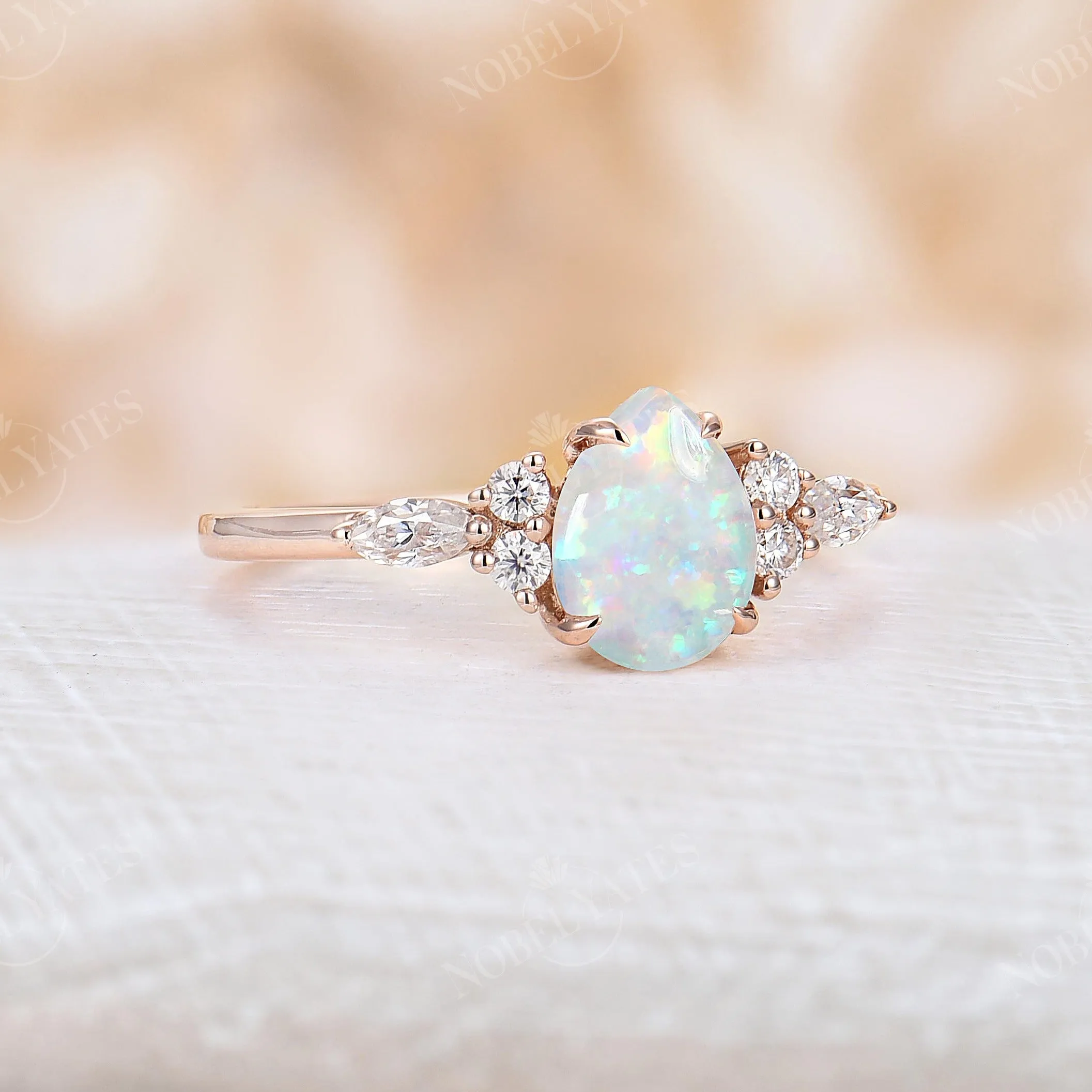 Pear White Opal Side Stone Engagement Ring Rose Gold