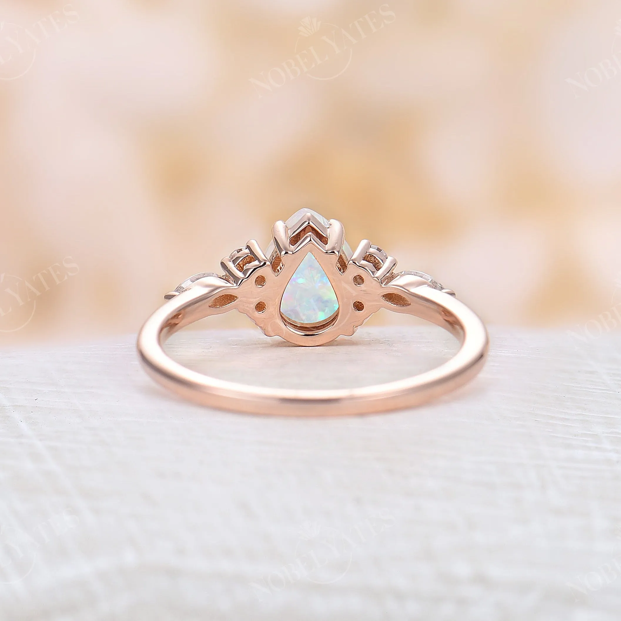 Pear White Opal Side Stone Engagement Ring Rose Gold