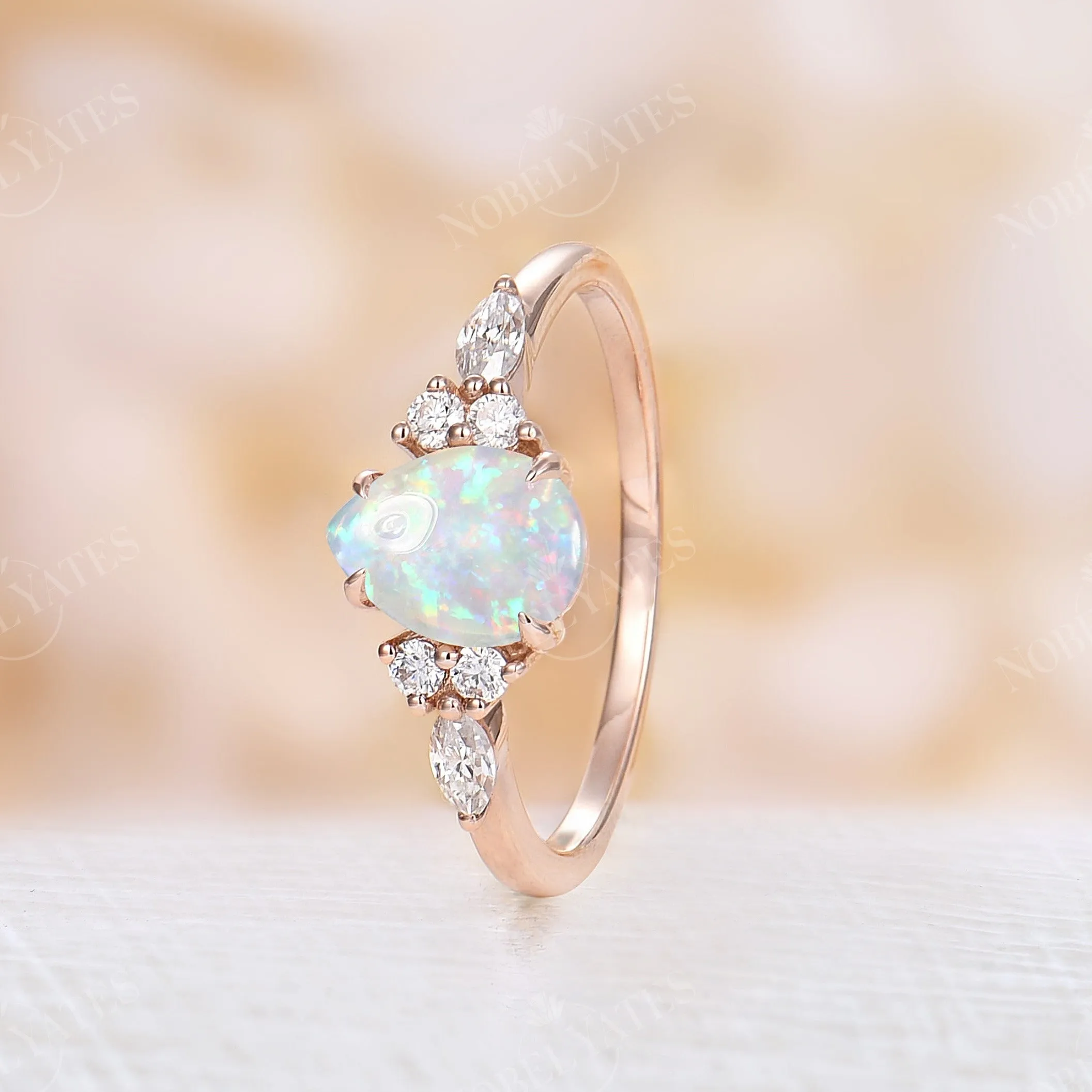 Pear White Opal Side Stone Engagement Ring Rose Gold