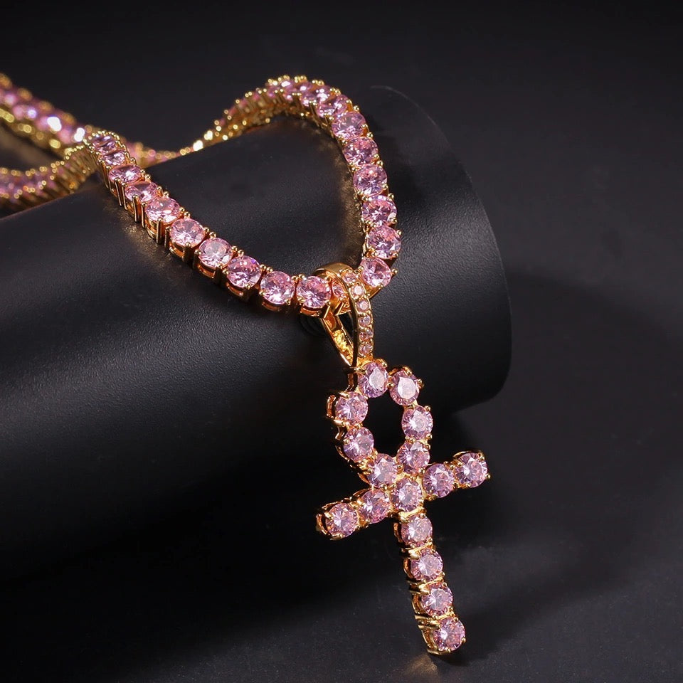 Pink Cubic Zirconia Ankh Tennis Chain