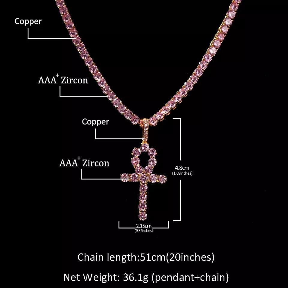 Pink Cubic Zirconia Ankh Tennis Chain