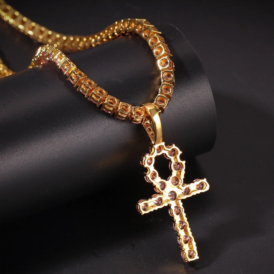 Pink Cubic Zirconia Ankh Tennis Chain