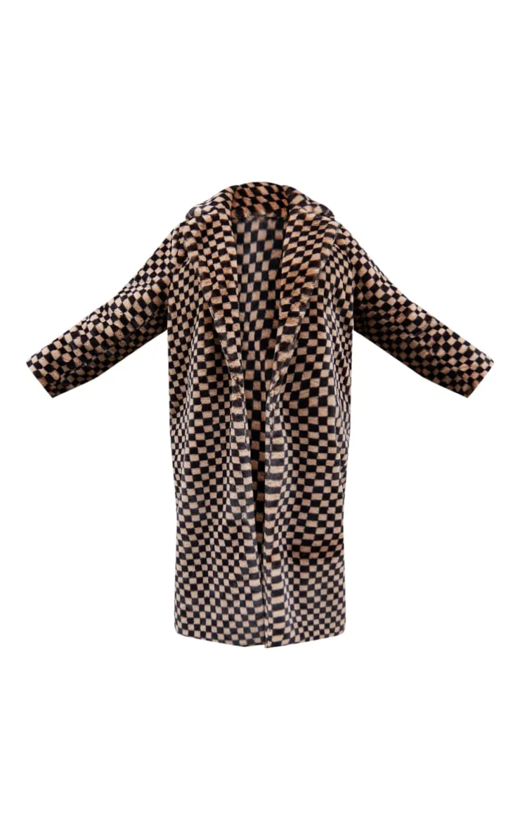 Plus Stone Checked Faux Fur Midi Coat