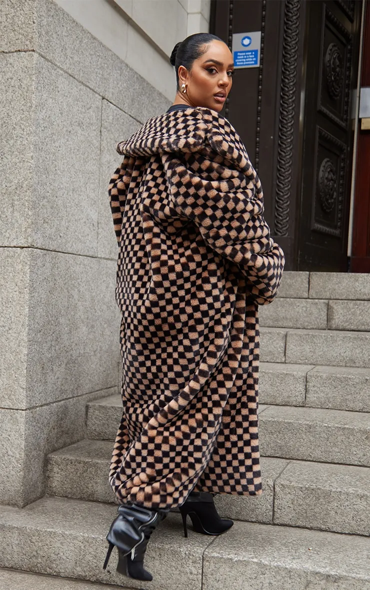 Plus Stone Checked Faux Fur Midi Coat