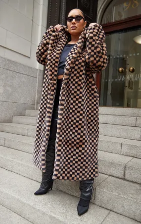 Plus Stone Checked Faux Fur Midi Coat