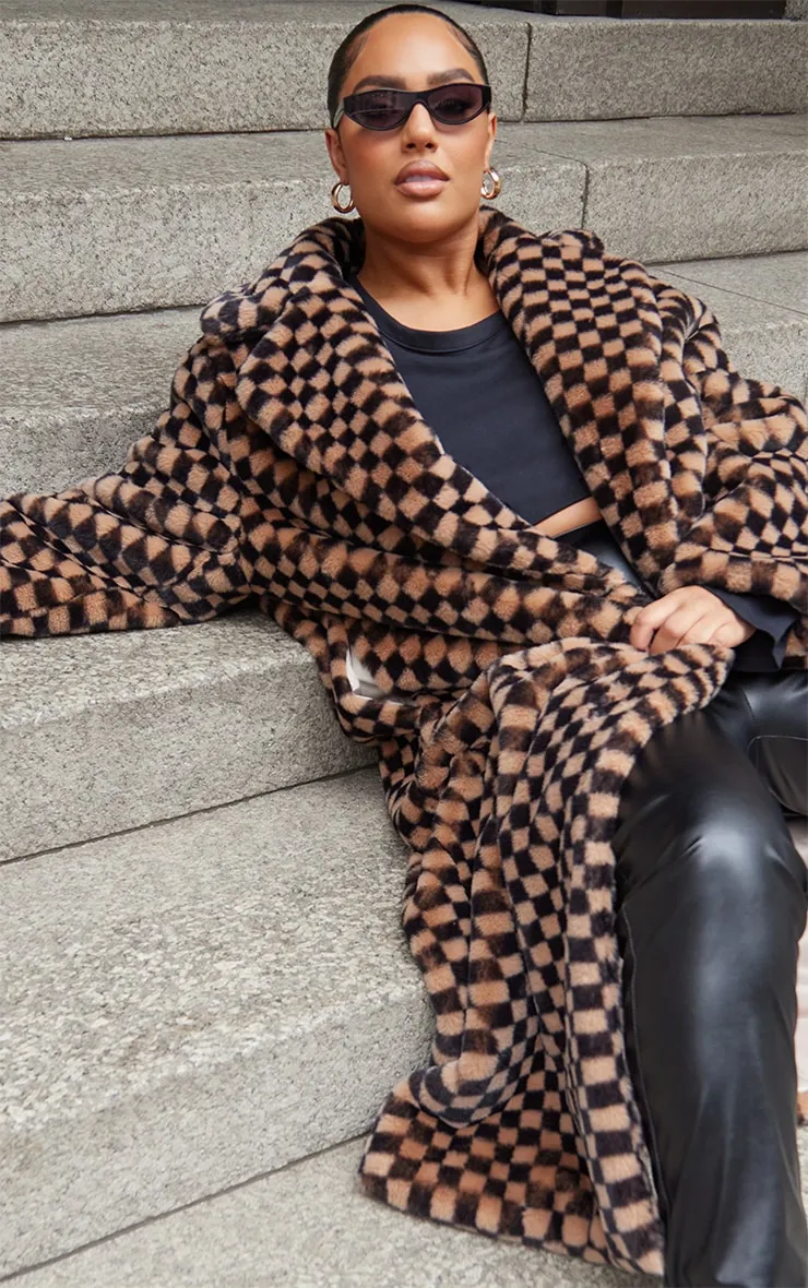 Plus Stone Checked Faux Fur Midi Coat