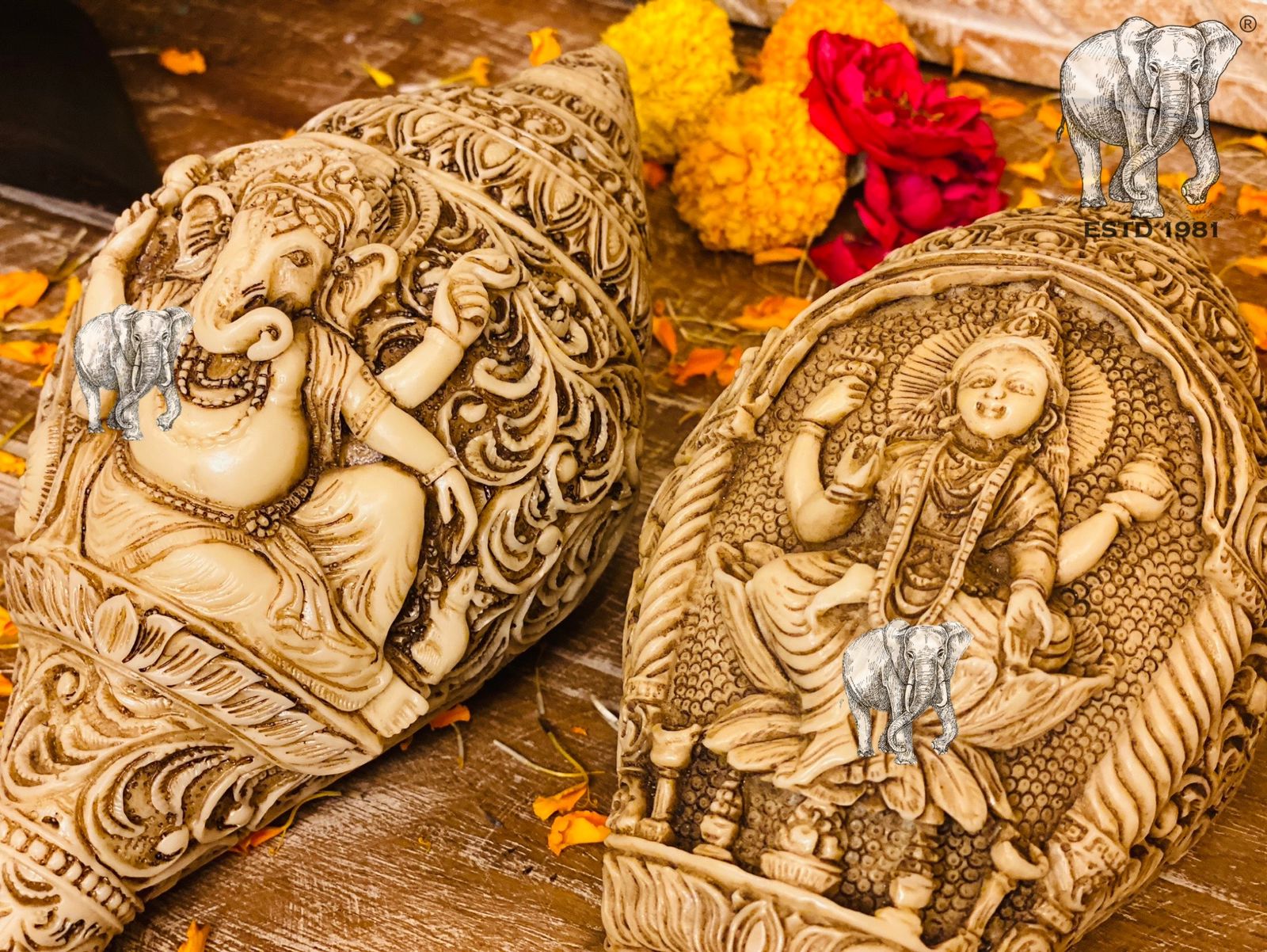 Resin Beautifully  Engraved Ganesh Lakshmi Shankh  Table Decor-LR001STD