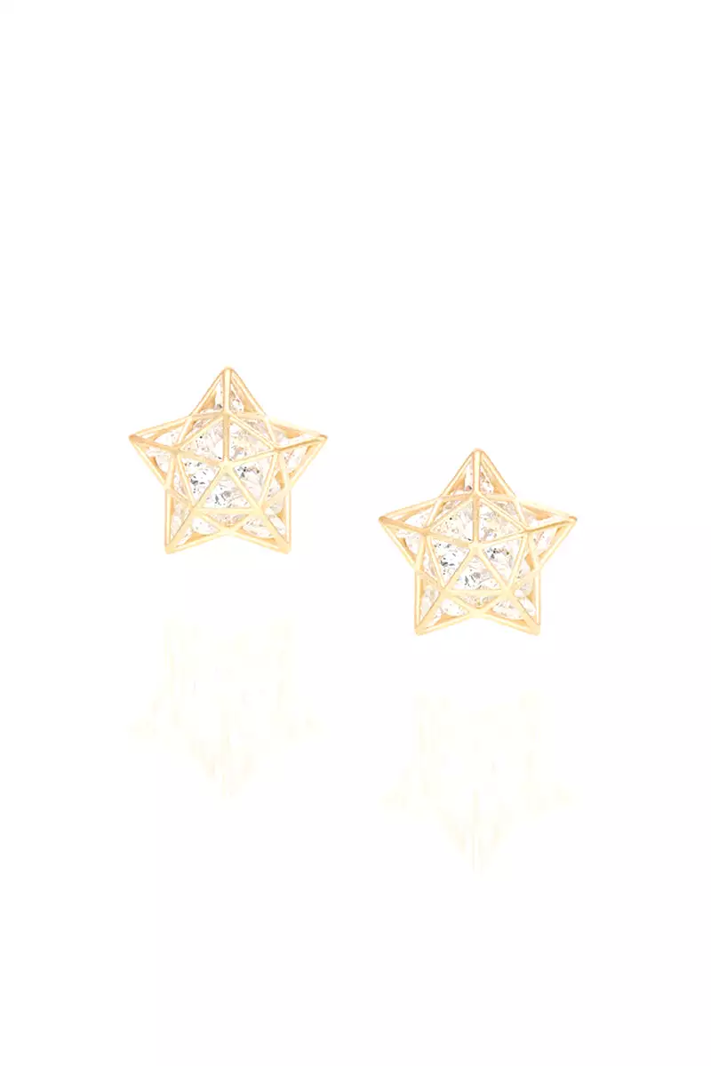 Roulette Star Stud Earrings - White Sapphires Yellow Gold