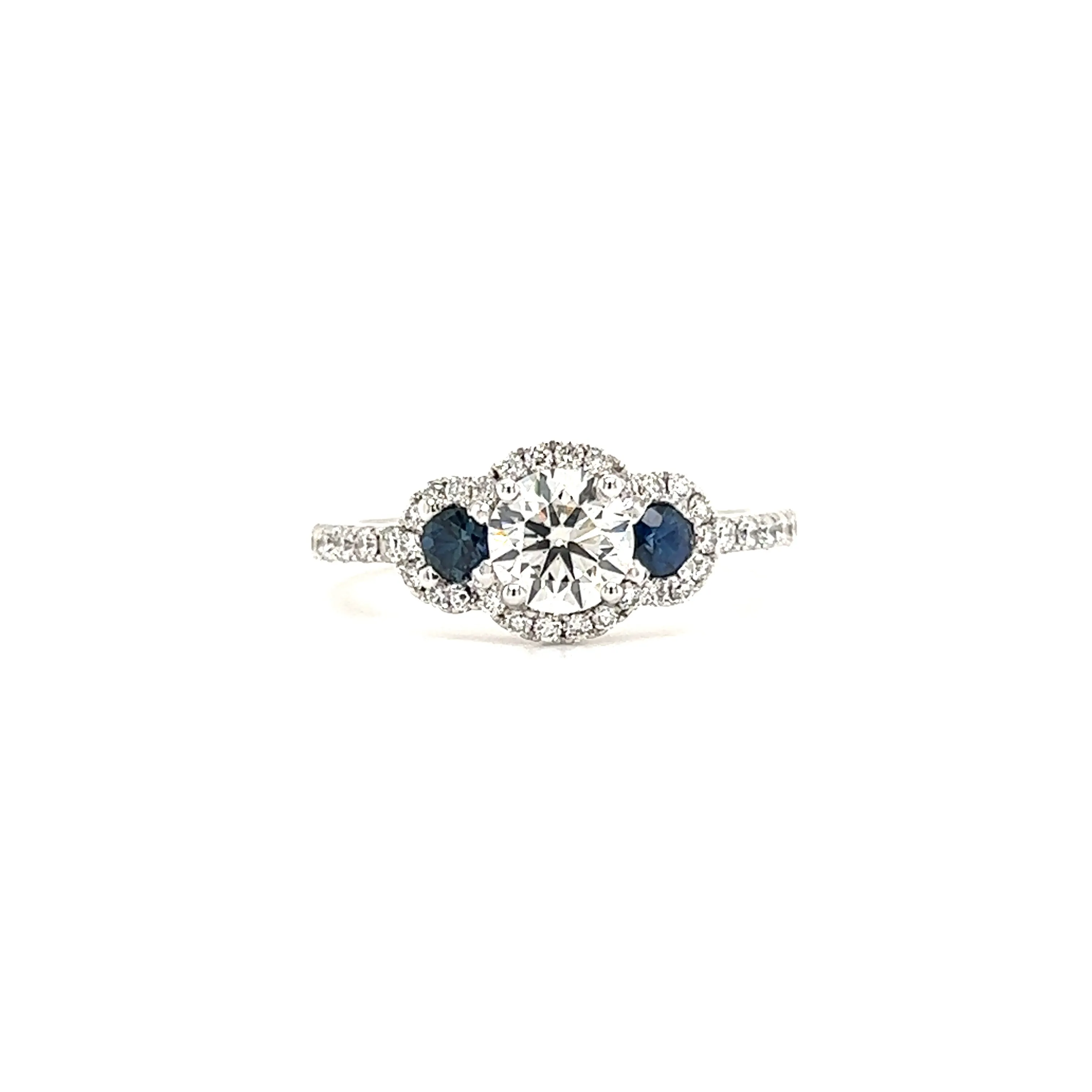 Round Diamond Ring with Two Side Sapphires and Diamond Halo in 14K White Gold