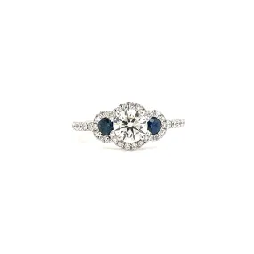 Round Diamond Ring with Two Side Sapphires and Diamond Halo in 14K White Gold