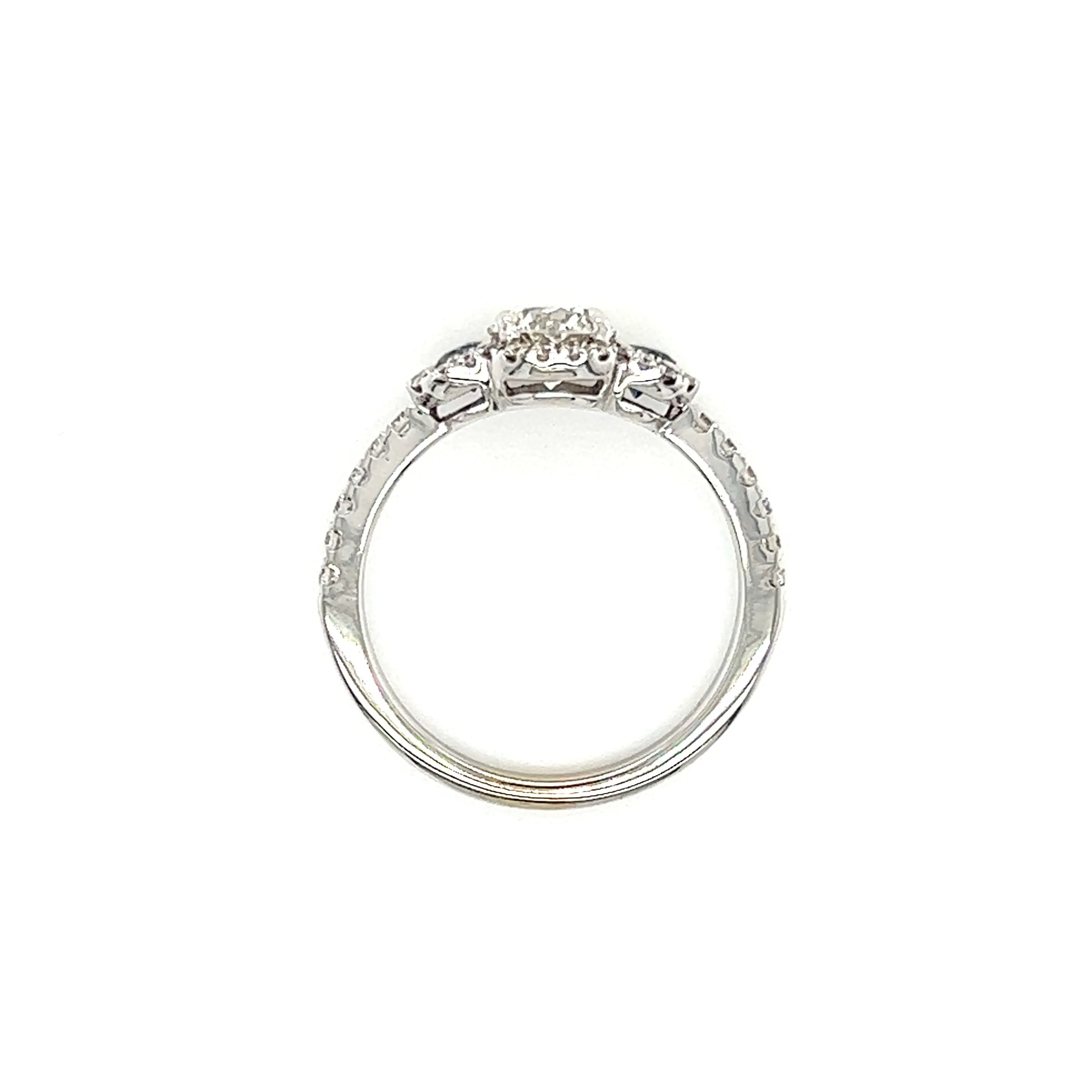 Round Diamond Ring with Two Side Sapphires and Diamond Halo in 14K White Gold