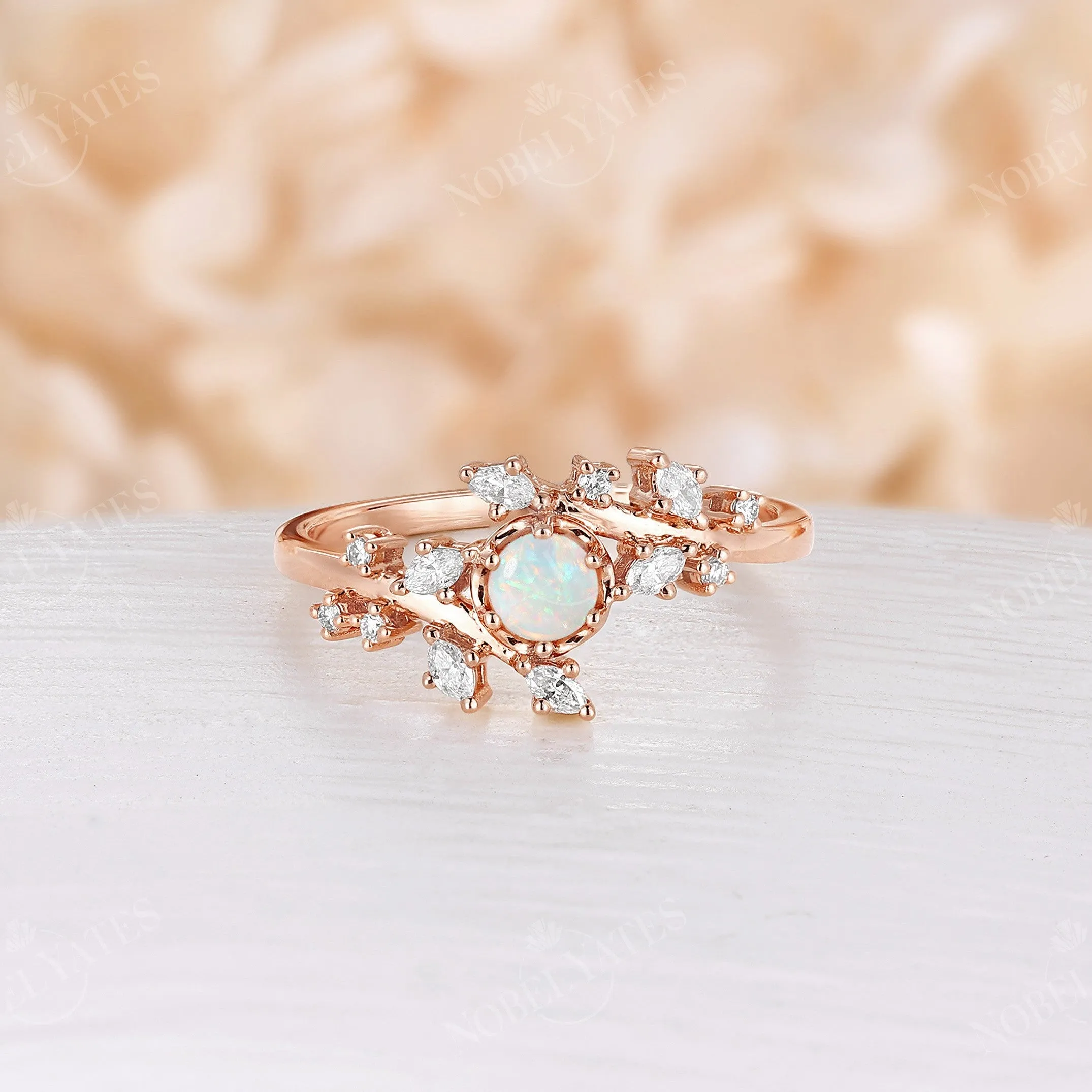 Round White Opal Engagement Ring Leaf Design Rose Gold