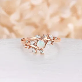 Round White Opal Engagement Ring Leaf Design Rose Gold