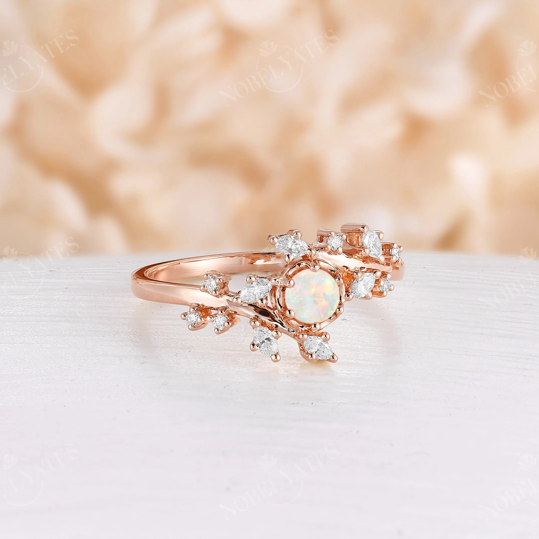 Round White Opal Engagement Ring Leaf Design Rose Gold