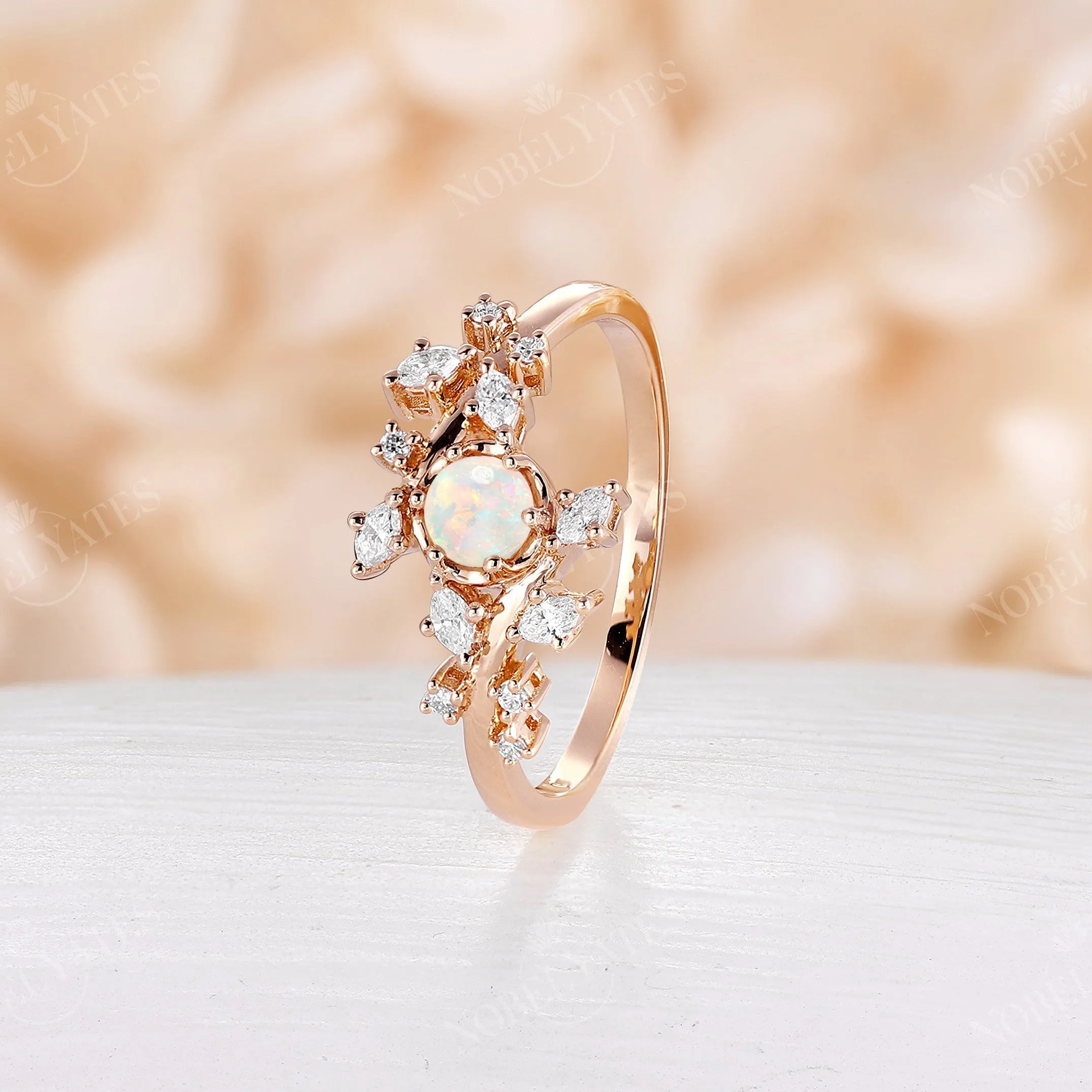 Round White Opal Engagement Ring Leaf Design Rose Gold