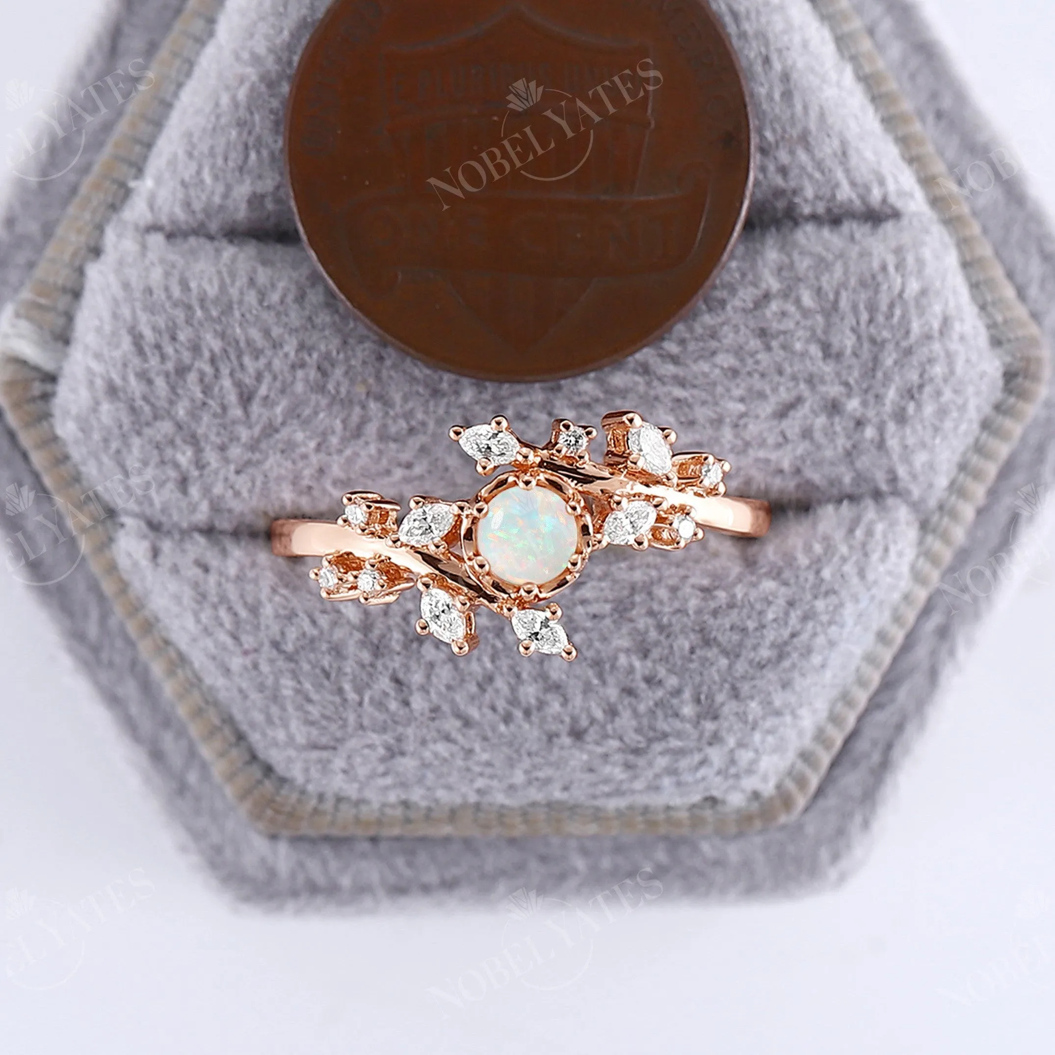 Round White Opal Engagement Ring Leaf Design Rose Gold