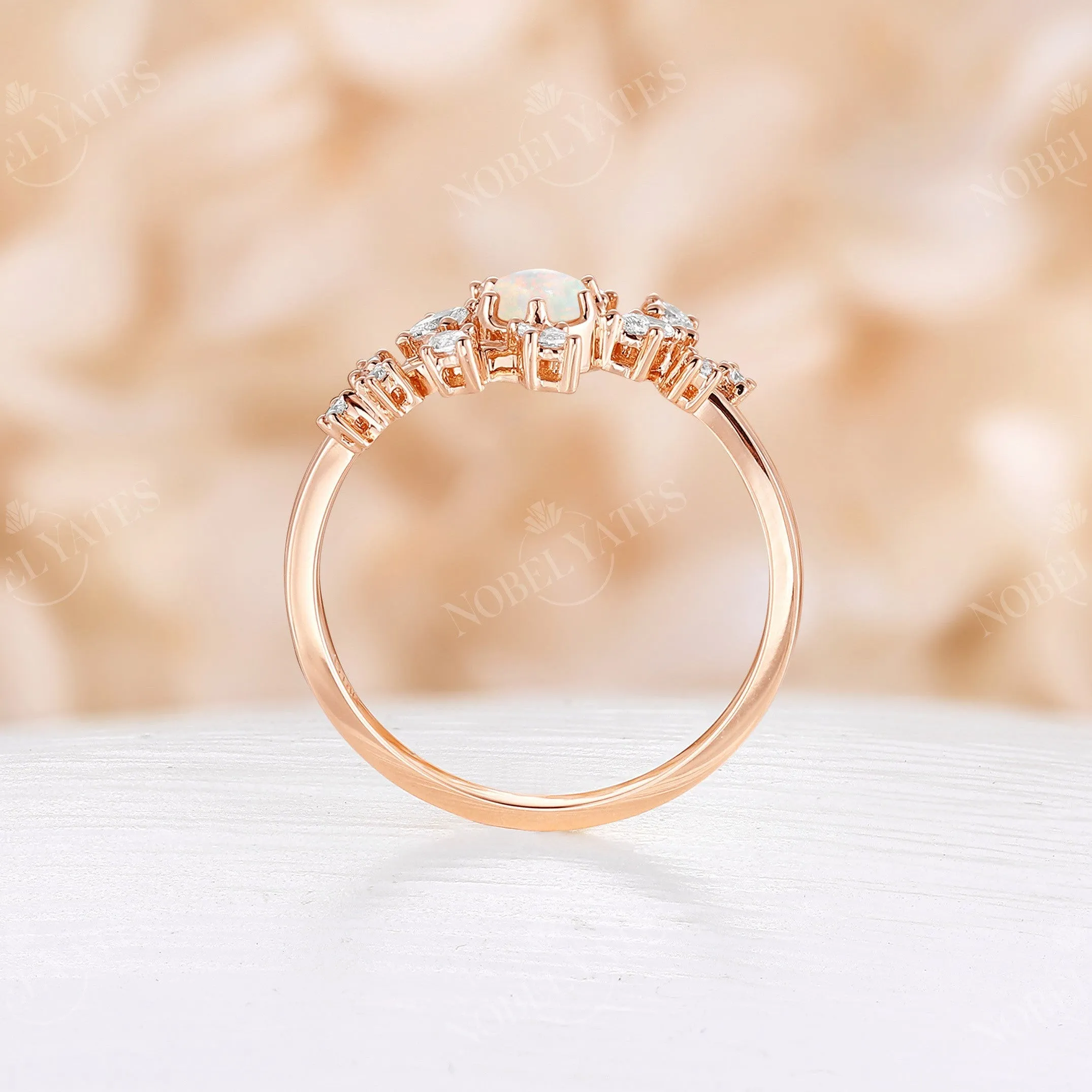 Round White Opal Engagement Ring Leaf Design Rose Gold