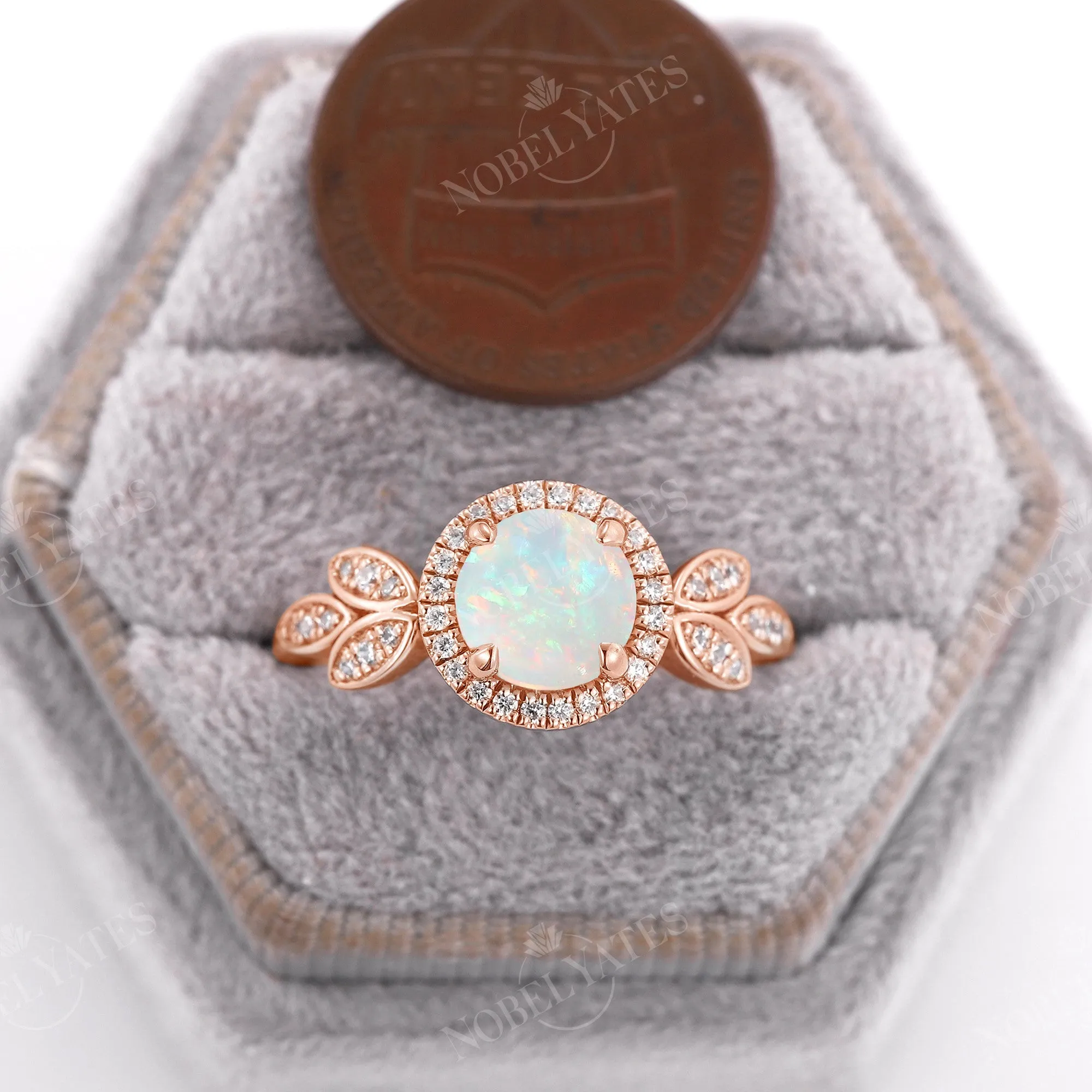 Round White Opal Halo Engagement Ring Diamond Rose Gold