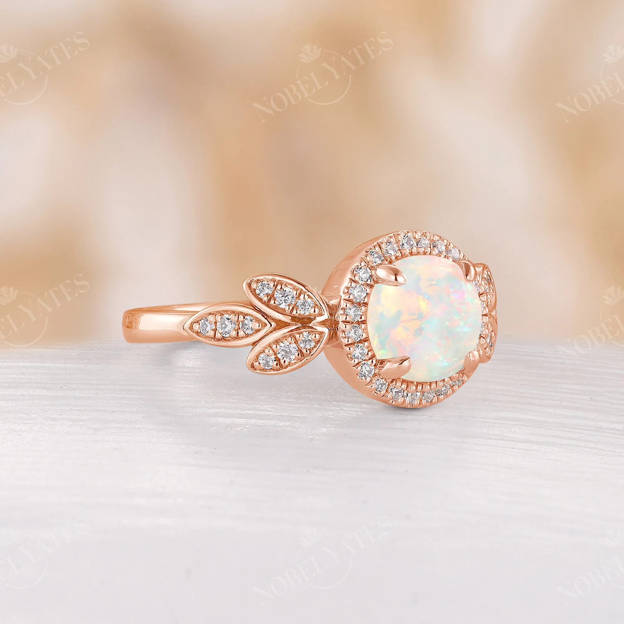 Round White Opal Halo Engagement Ring Diamond Rose Gold