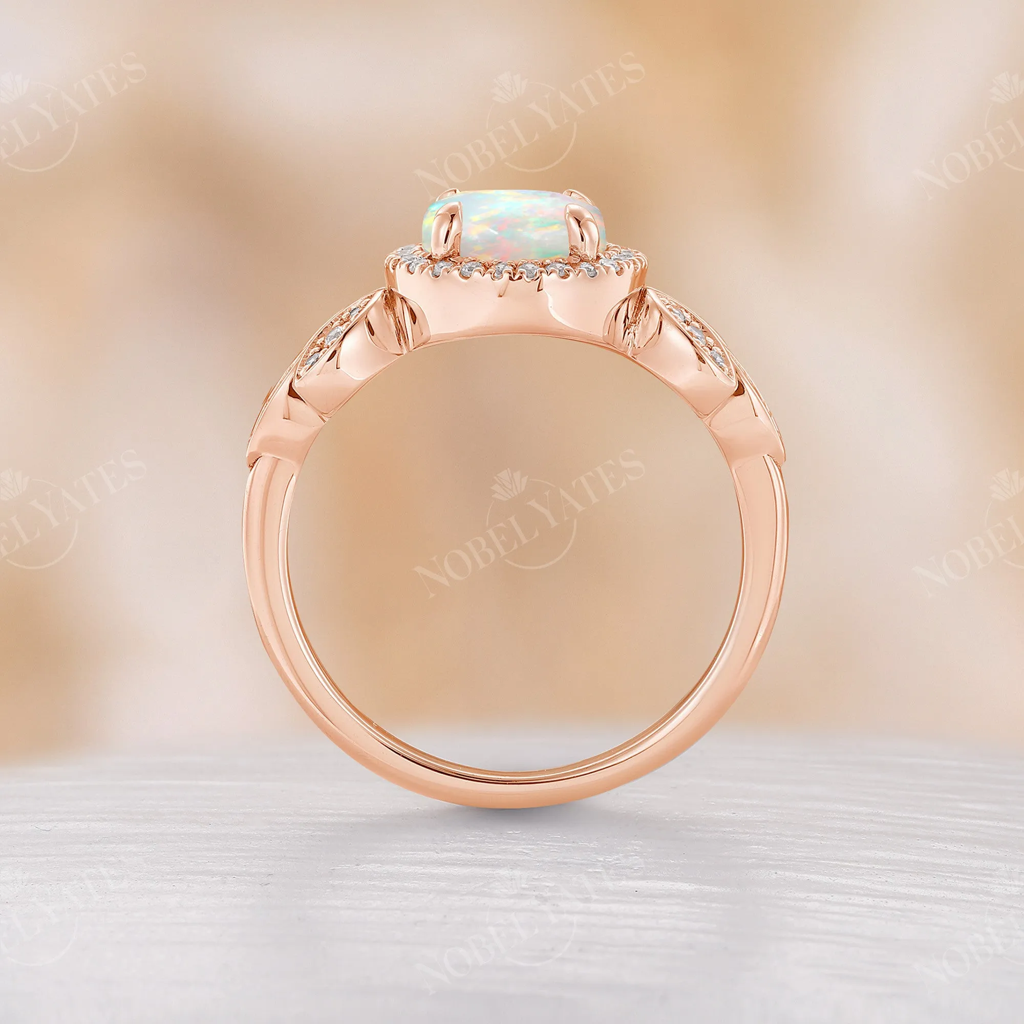 Round White Opal Halo Engagement Ring Diamond Rose Gold