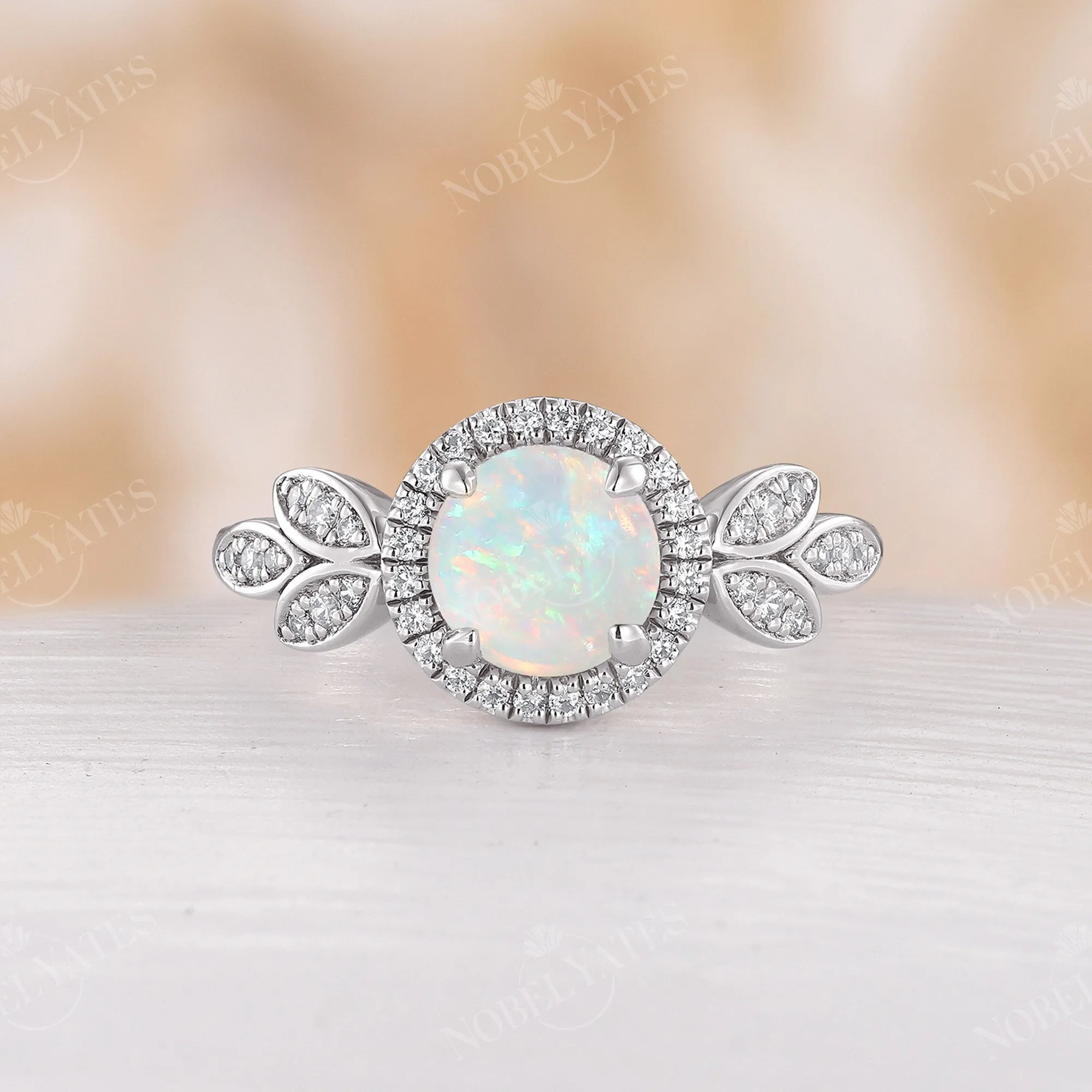 Round White Opal Halo Engagement Ring Diamond Rose Gold