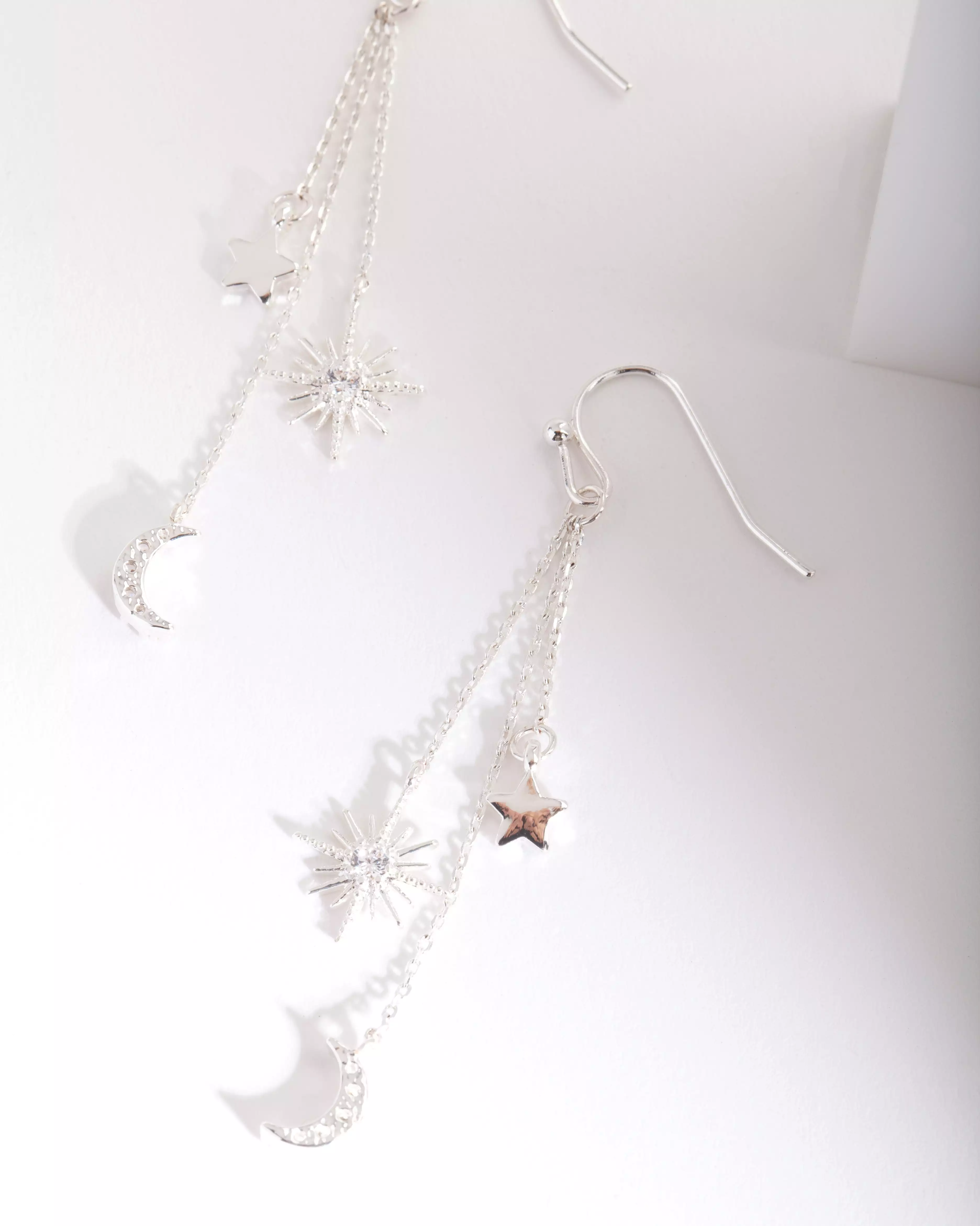 Silver Cubic Zirconia Celestial Chain Earrings