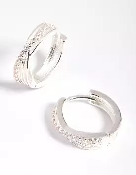 Silver Cubic Zirconia Twisted Huggie Hoop Earrings