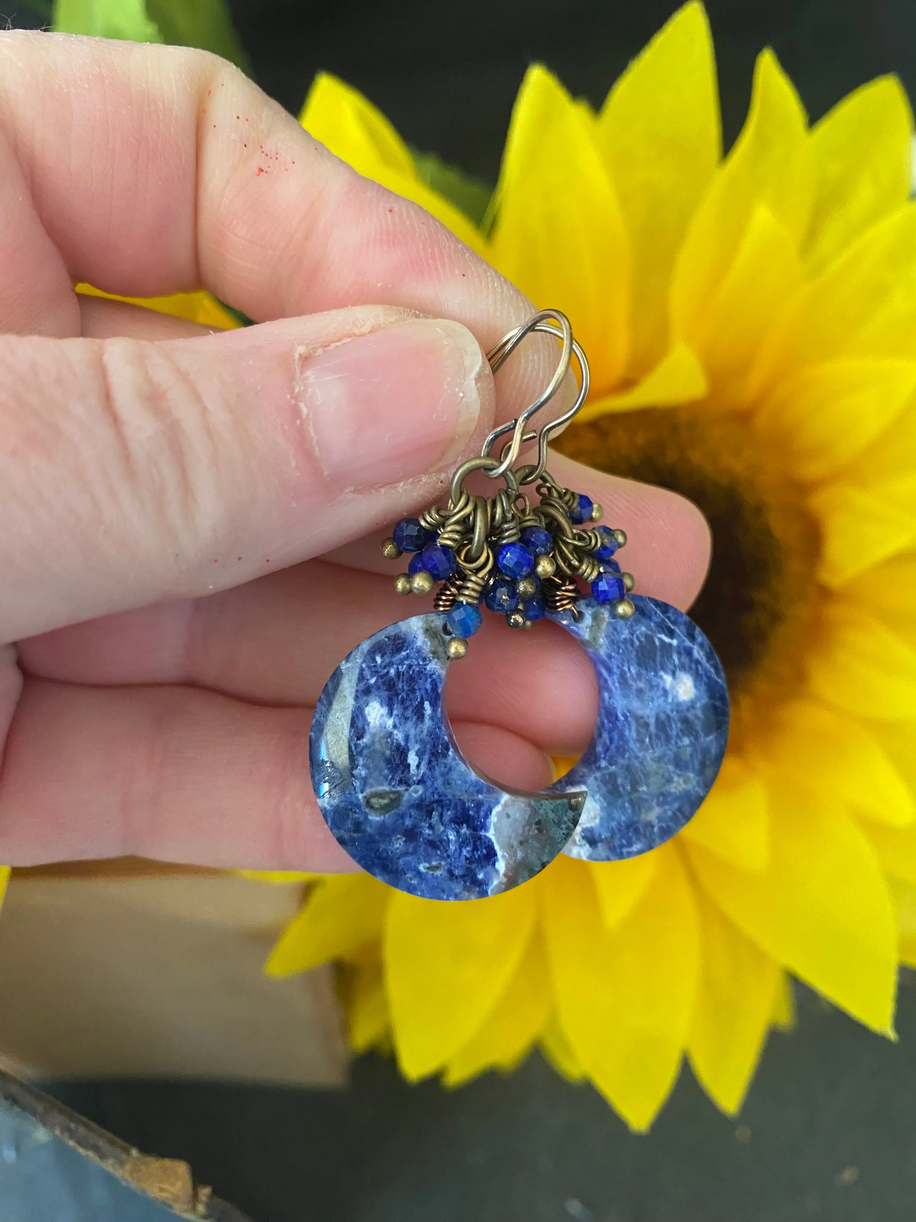 Sodalite moon stones, Lapis lazuli stone dangles, bronze metal, earring