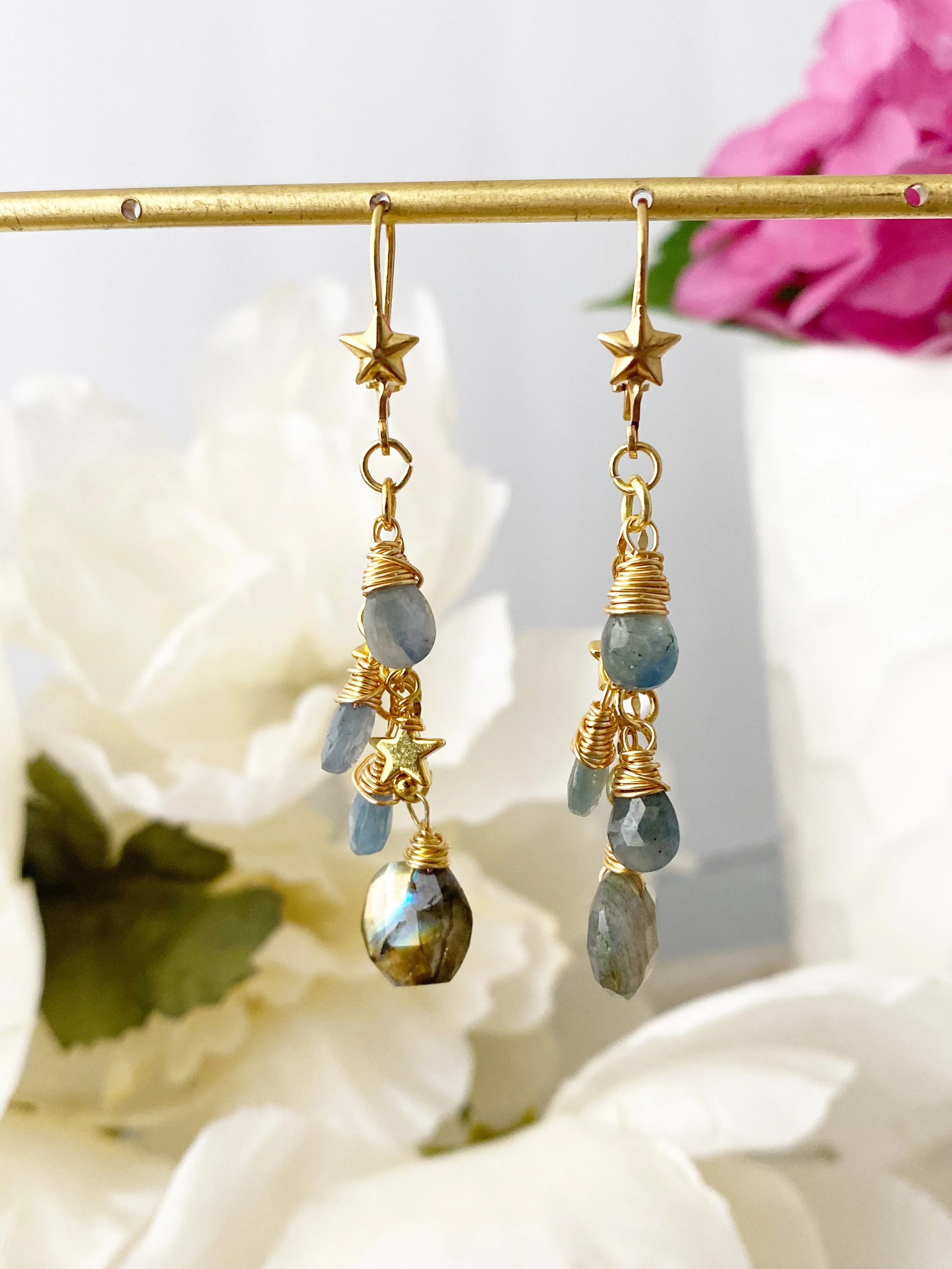 Stars and sapphires. Labradorite, Sapphire stone, star charm, gold earrings