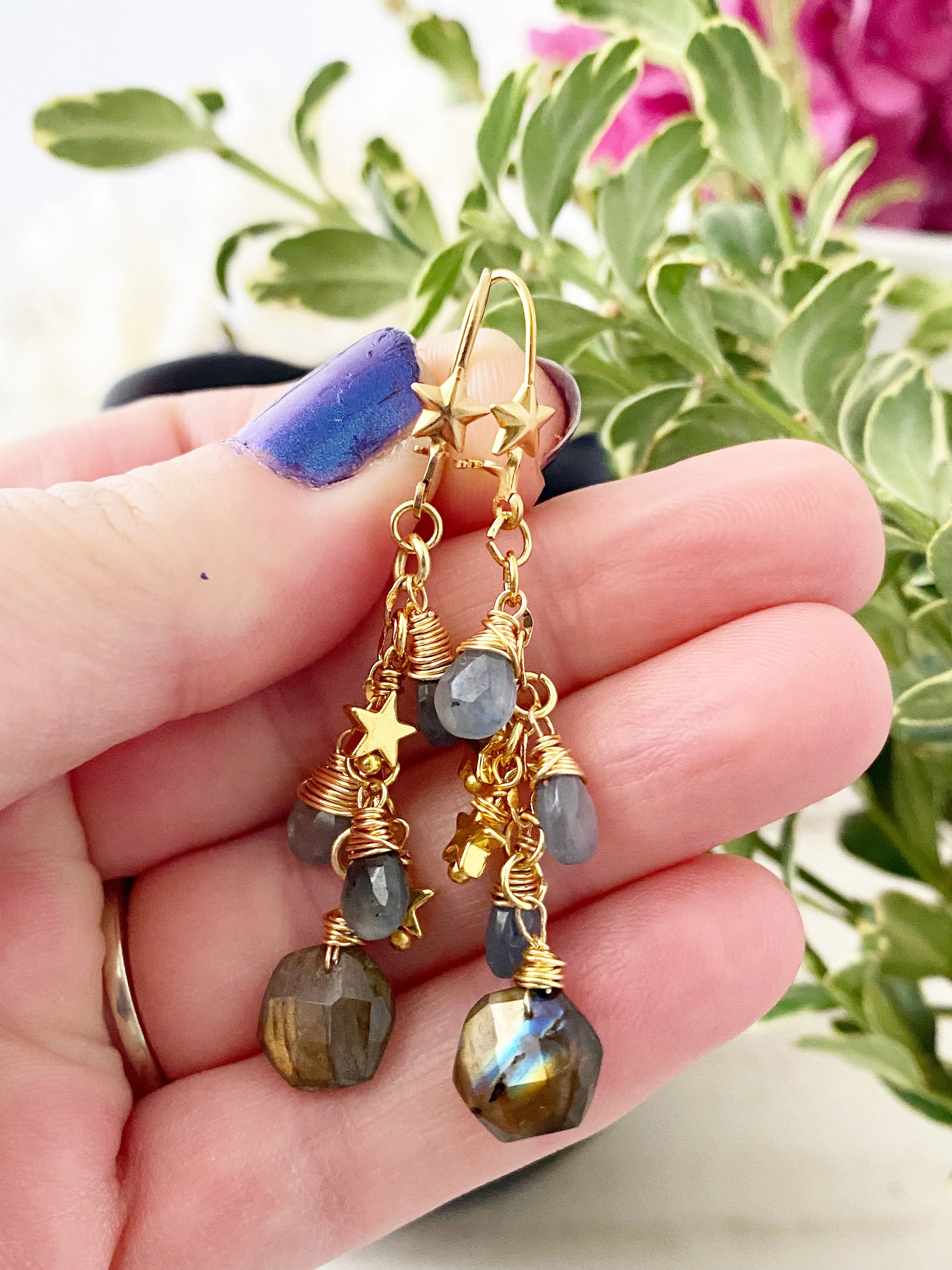 Stars and sapphires. Labradorite, Sapphire stone, star charm, gold earrings