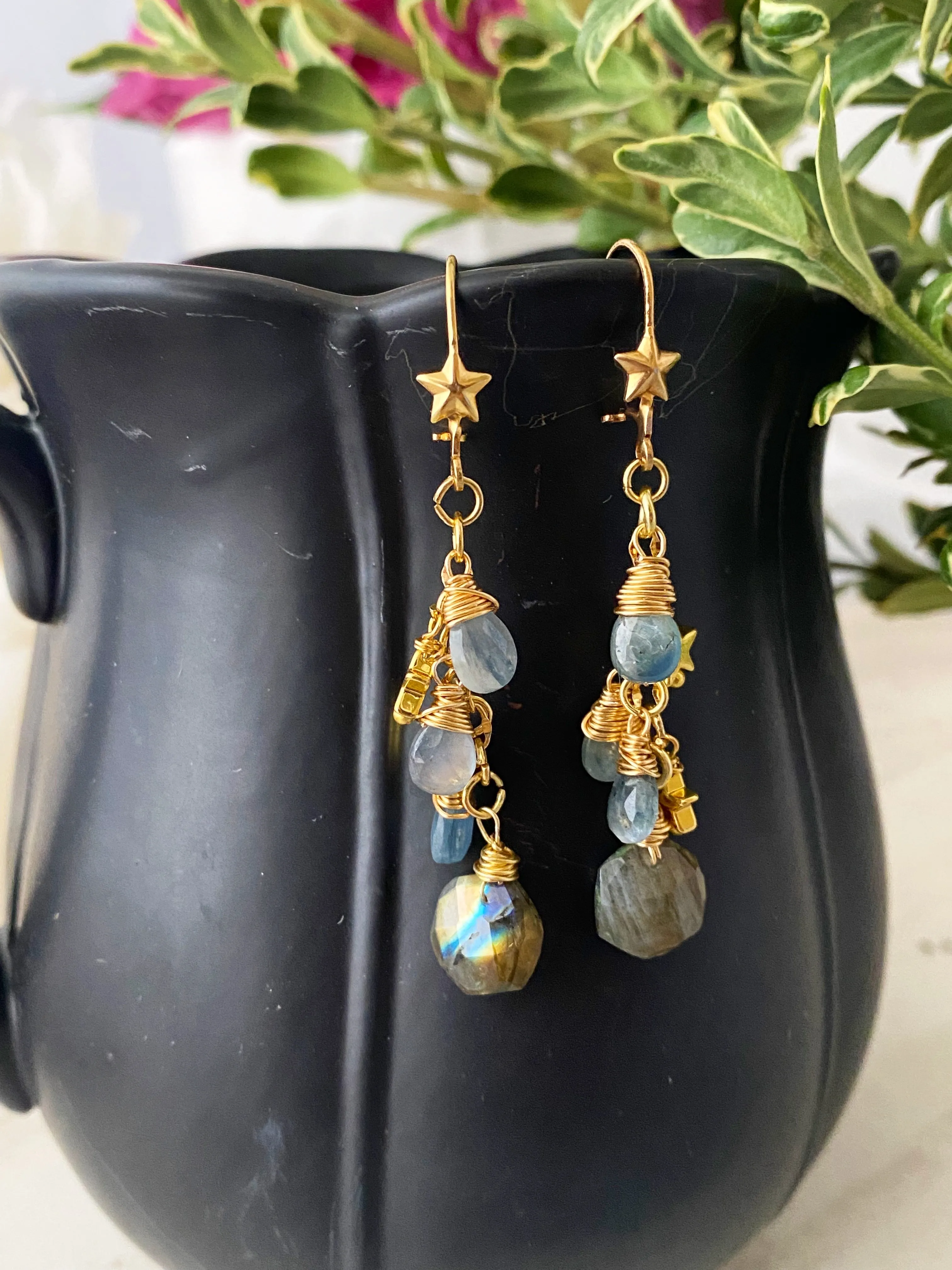 Stars and sapphires. Labradorite, Sapphire stone, star charm, gold earrings