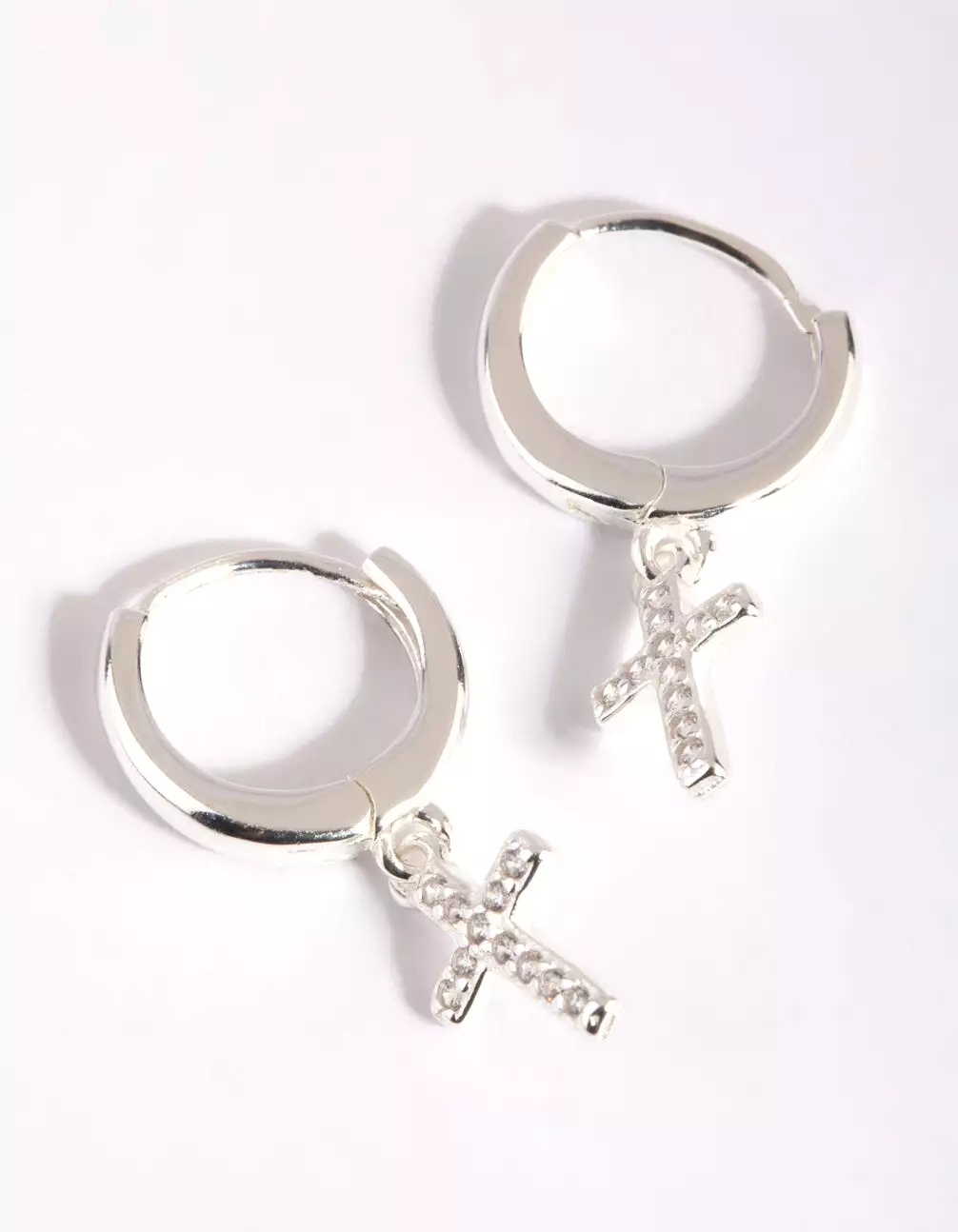 Sterling Silver Cubic Zirconia Cross Huggie Hoop Earrings