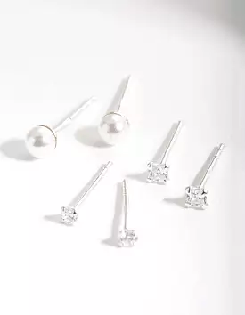 Sterling Silver Cubic Zirconia Pearl Stud Earring Pack