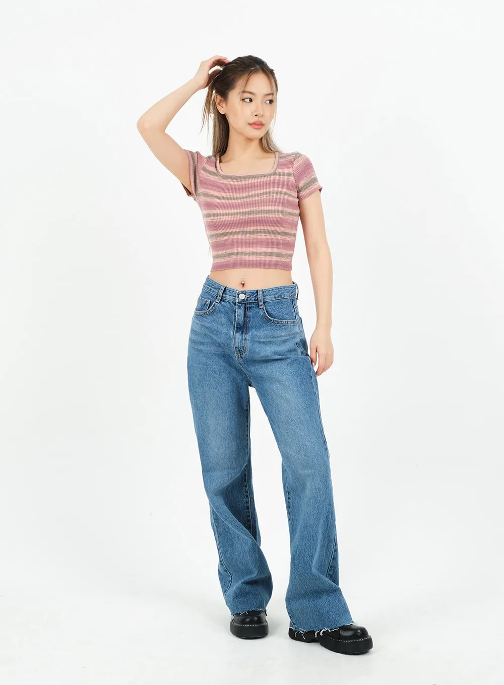 Striped Square Neck Cropped T-shirt CA15