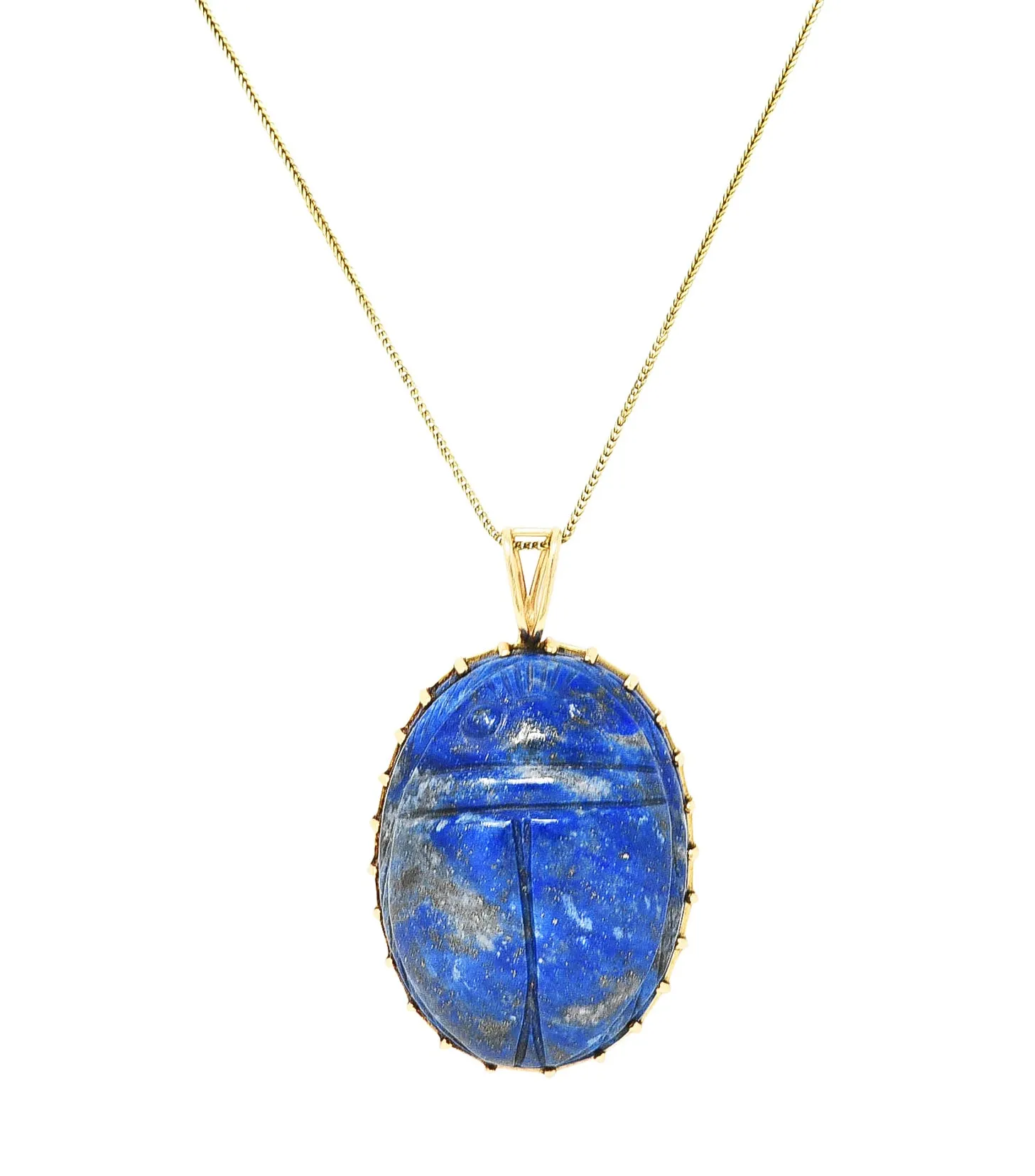 Substantial 1970's Lapis Lazuli 14 Karat Gold Scarab Pendant Necklace