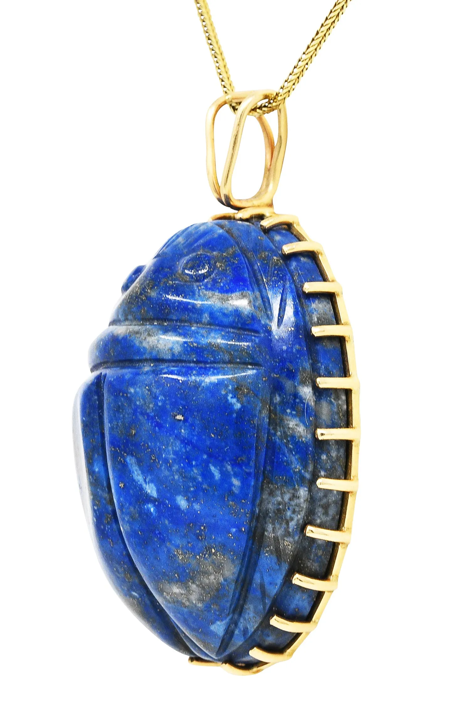 Substantial 1970's Lapis Lazuli 14 Karat Gold Scarab Pendant Necklace