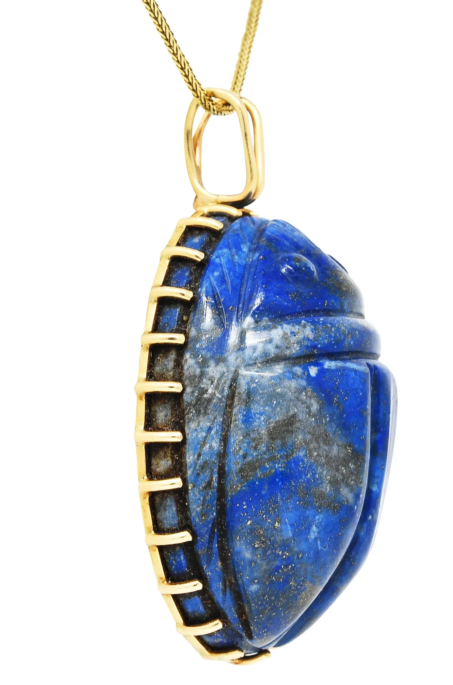 Substantial 1970's Lapis Lazuli 14 Karat Gold Scarab Pendant Necklace