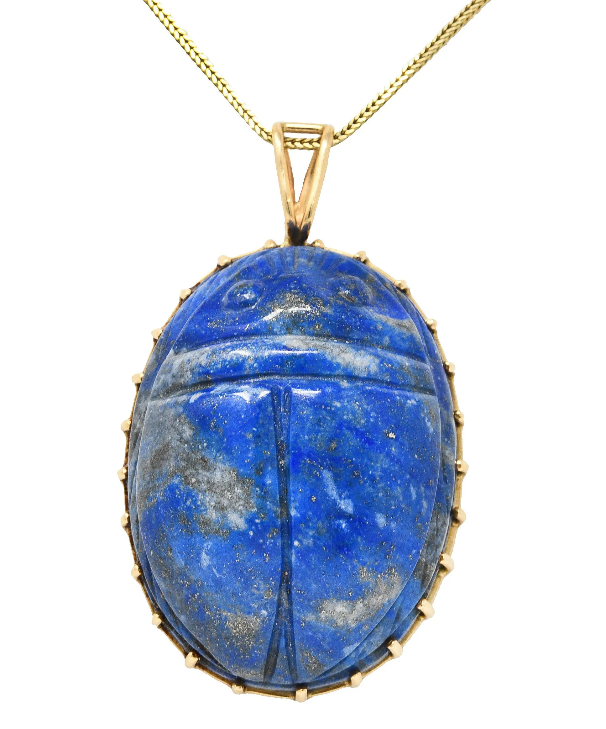 Substantial 1970's Lapis Lazuli 14 Karat Gold Scarab Pendant Necklace