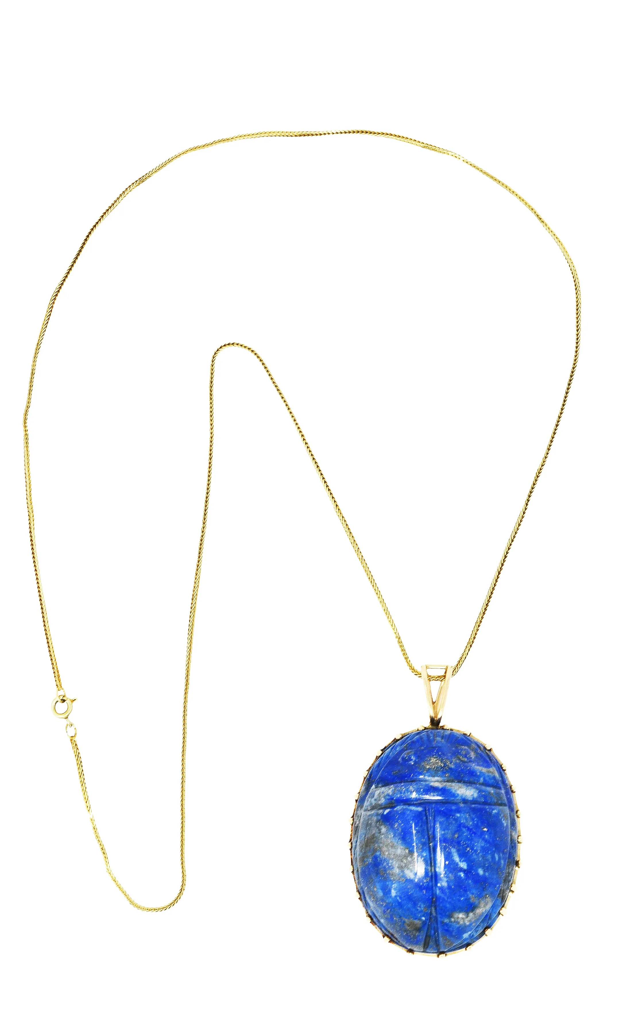 Substantial 1970's Lapis Lazuli 14 Karat Gold Scarab Pendant Necklace