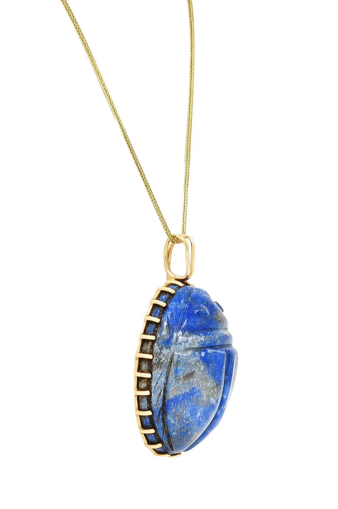 Substantial 1970's Lapis Lazuli 14 Karat Gold Scarab Pendant Necklace