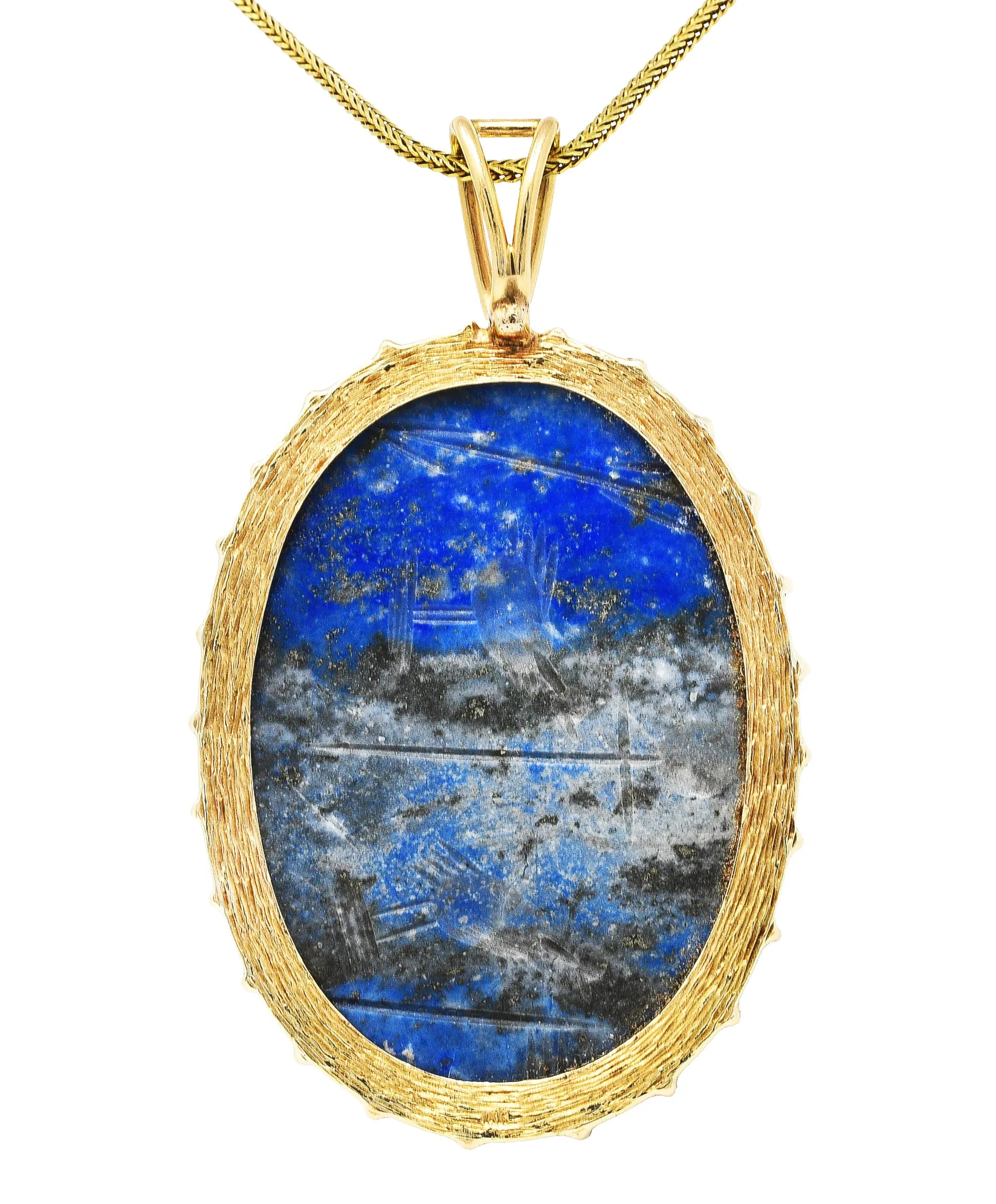 Substantial 1970's Lapis Lazuli 14 Karat Gold Scarab Pendant Necklace